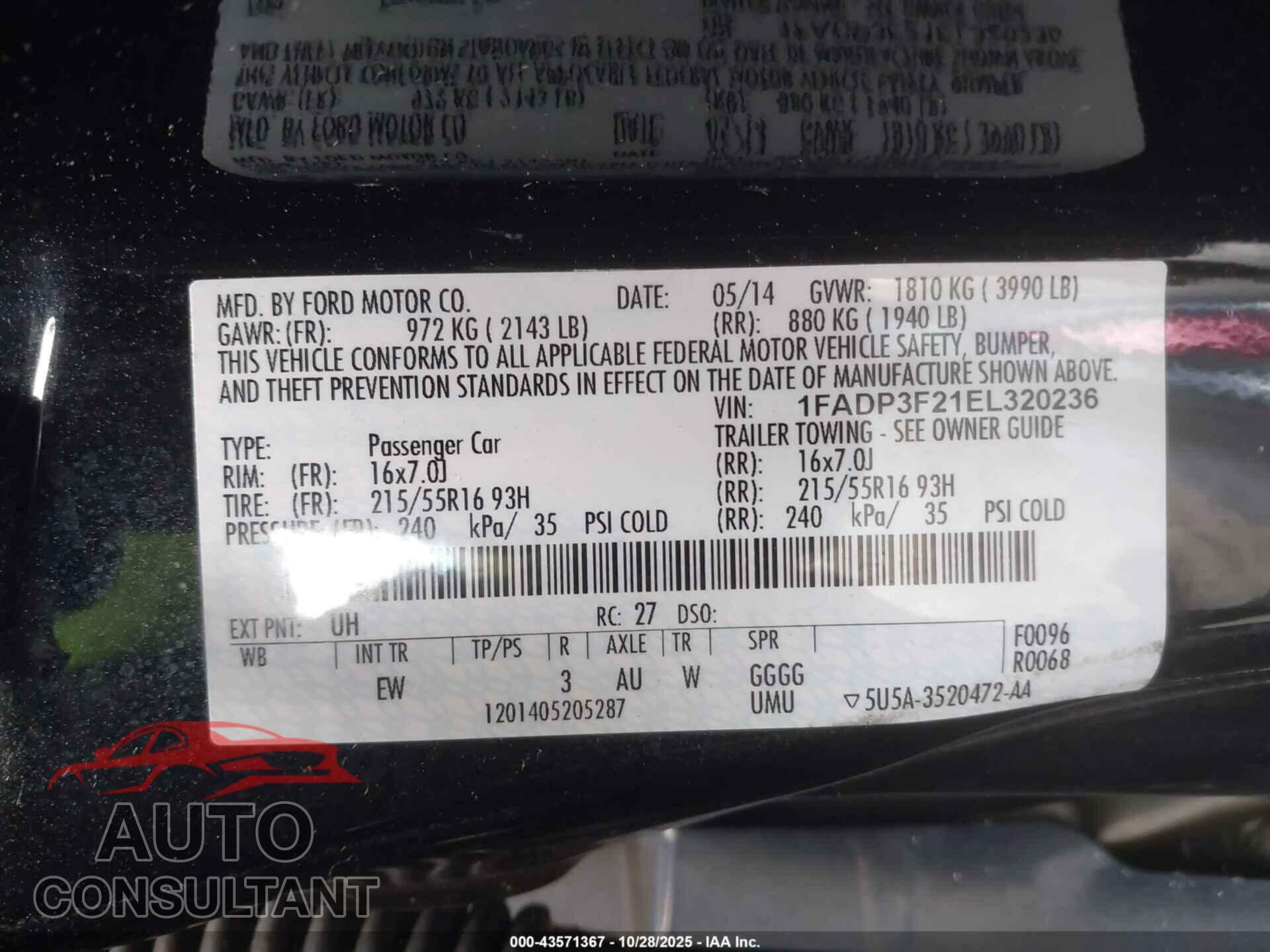 FORD FOCUS 2014 - 1FADP3F21EL320236