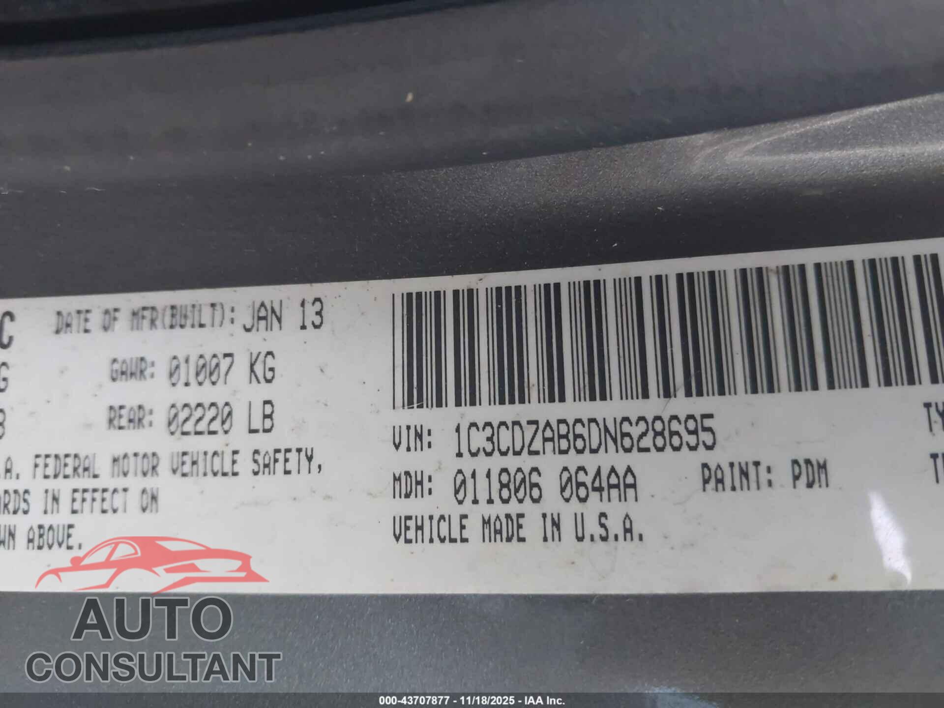 DODGE AVENGER 2013 - 1C3CDZAB6DN628695