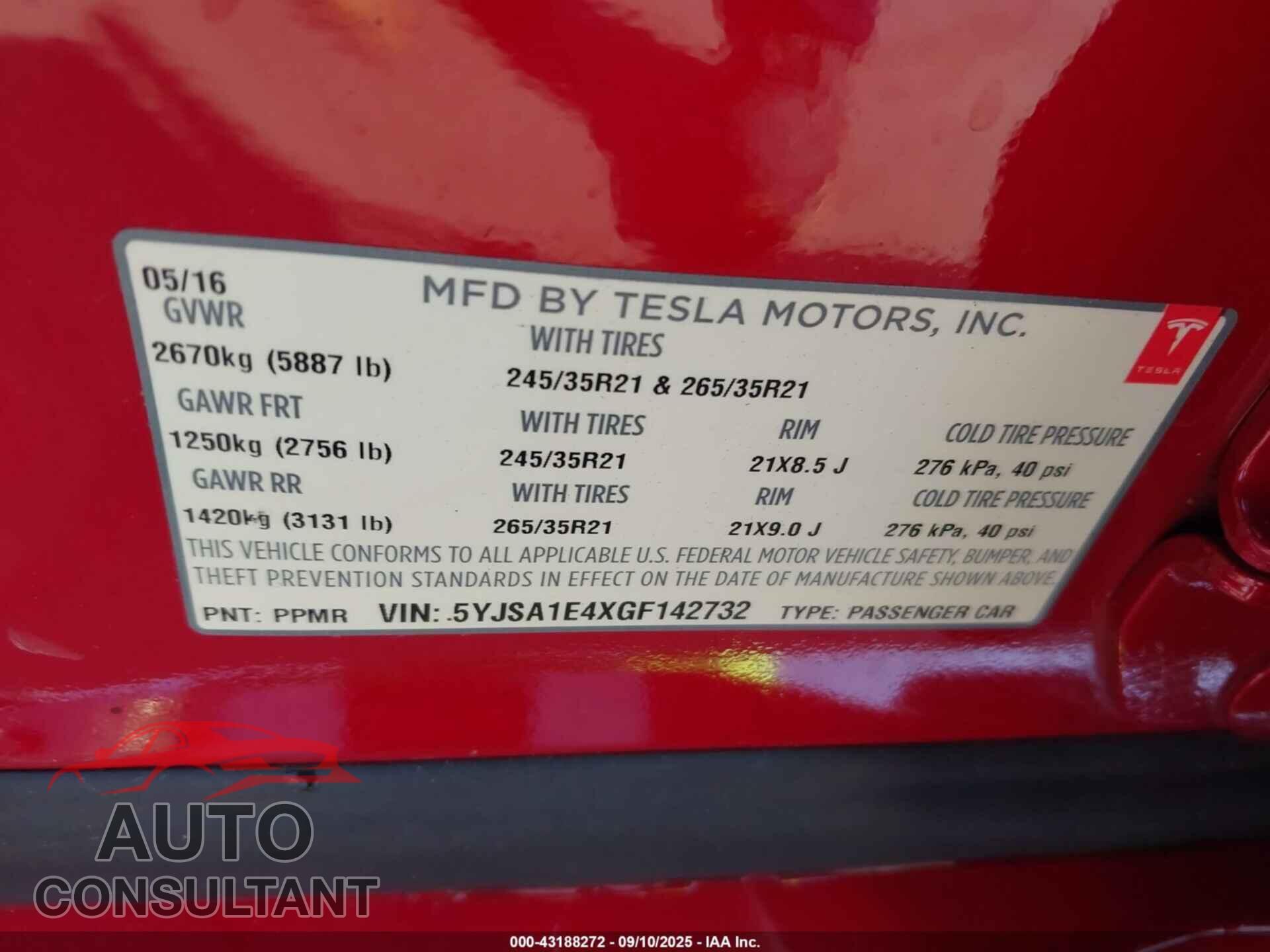 TESLA MODEL S 2016 - 5YJSA1E4XGF142732