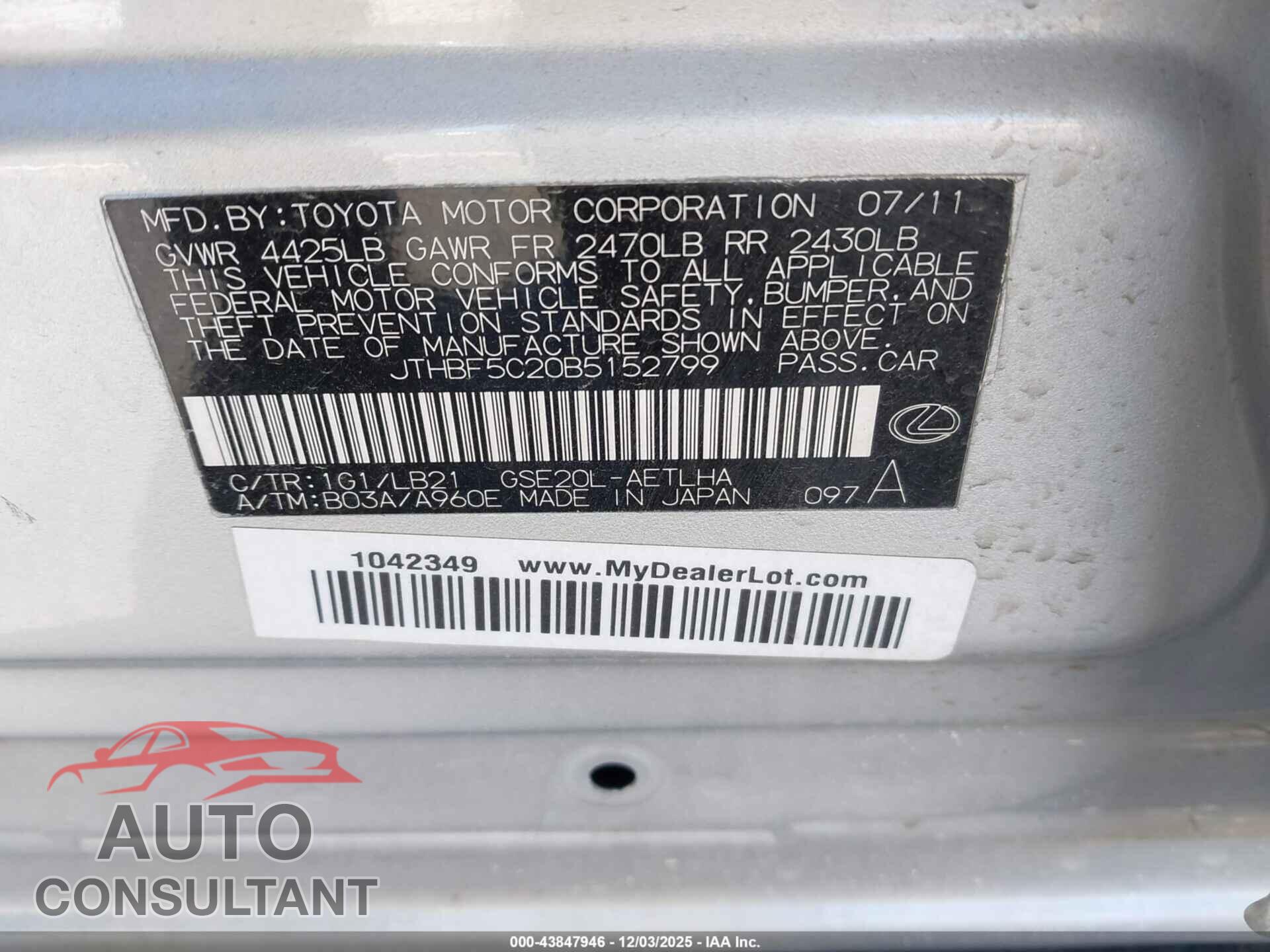 LEXUS IS 250 2011 - JTHBF5C20B5152799