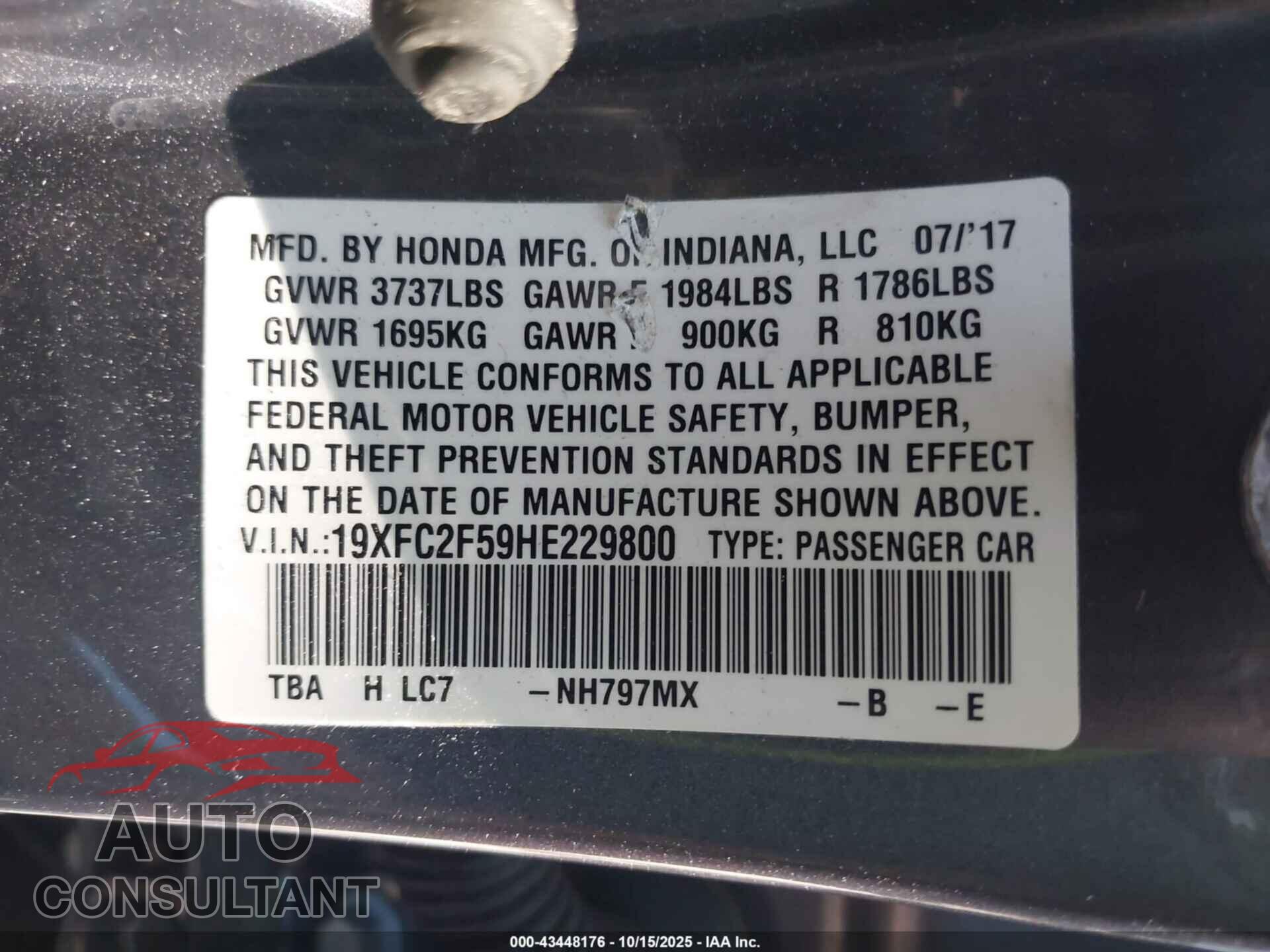 HONDA CIVIC 2017 - 19XFC2F59HE229800