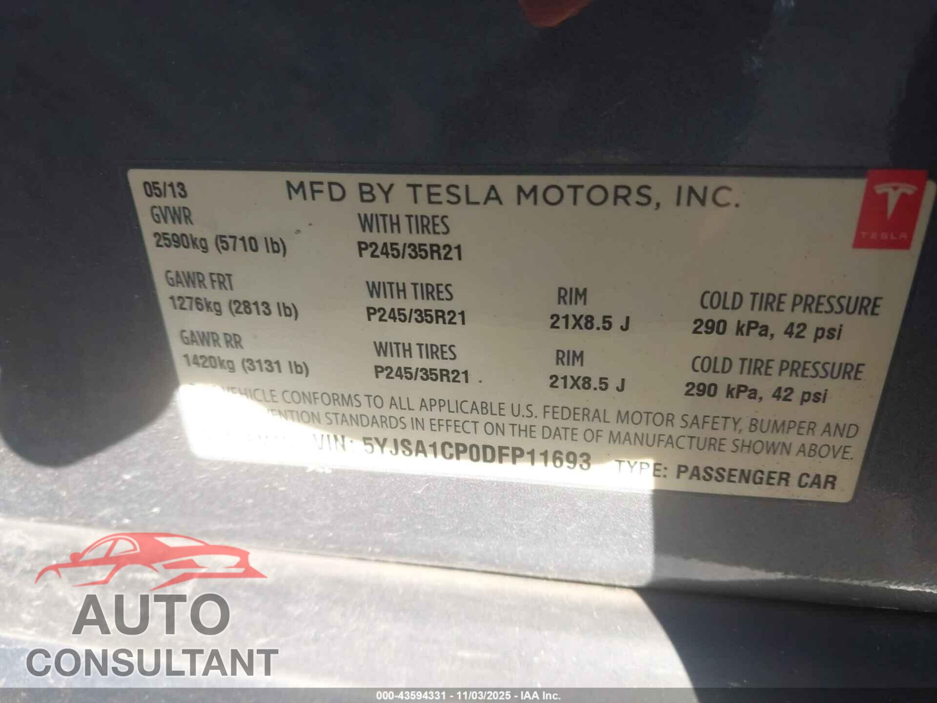 TESLA MODEL S 2013 - 5YJSA1CP0DFP11693