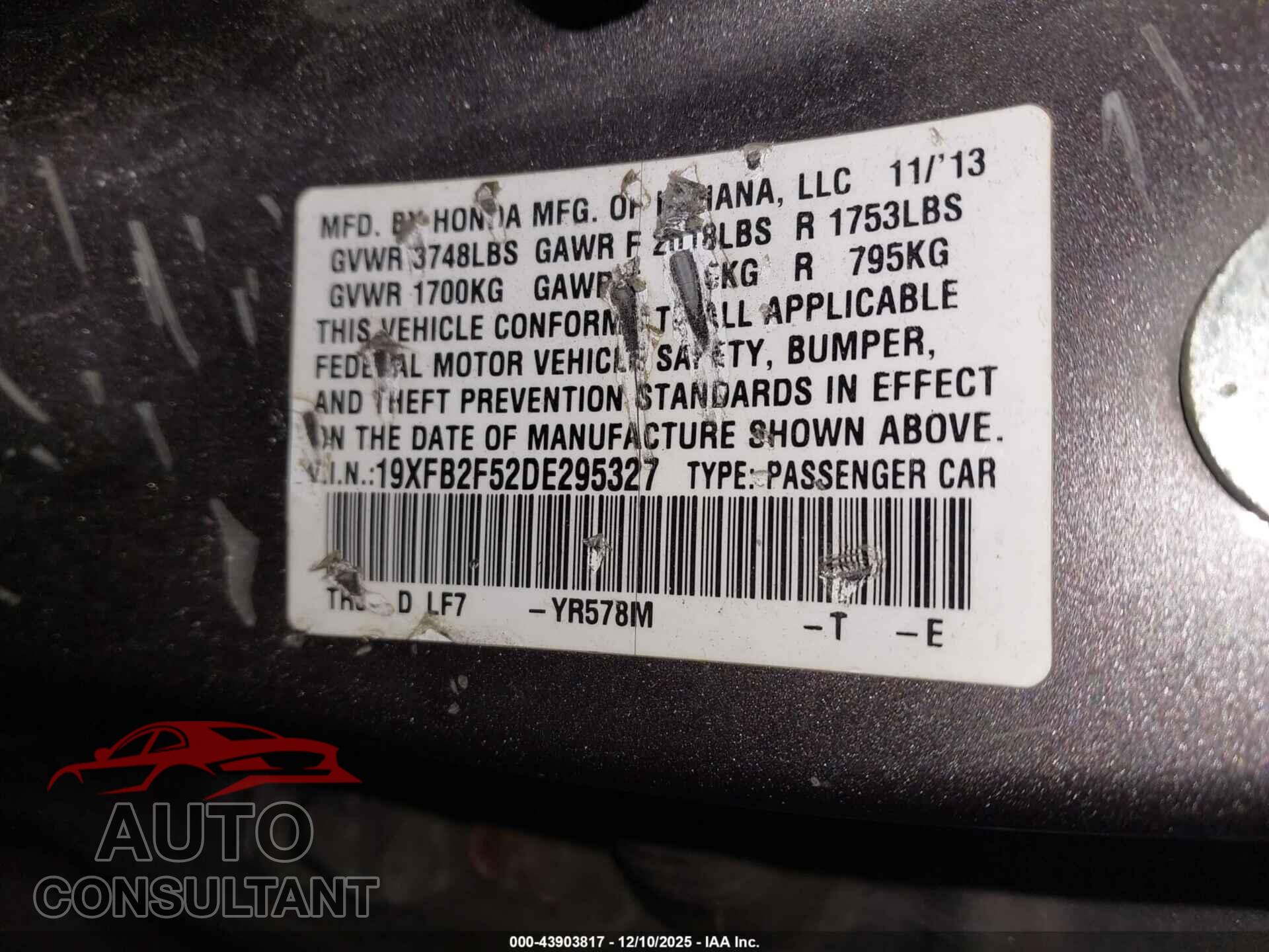 HONDA CIVIC 2013 - 19XFB2F52DE295327