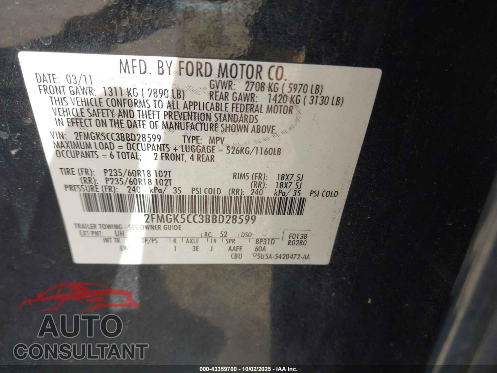 FORD FLEX 2011 - 2FMGK5CC3BBD28599