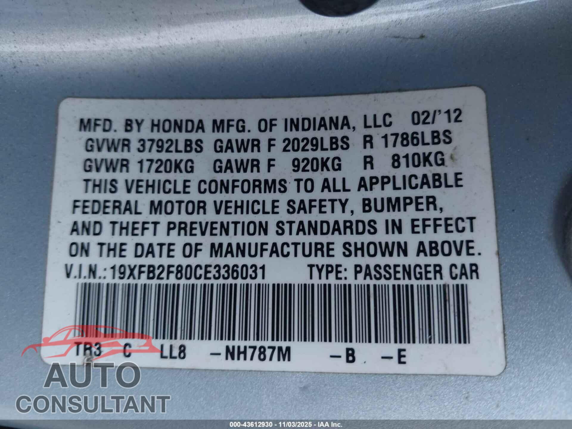 HONDA CIVIC 2012 - 19XFB2F80CE336031