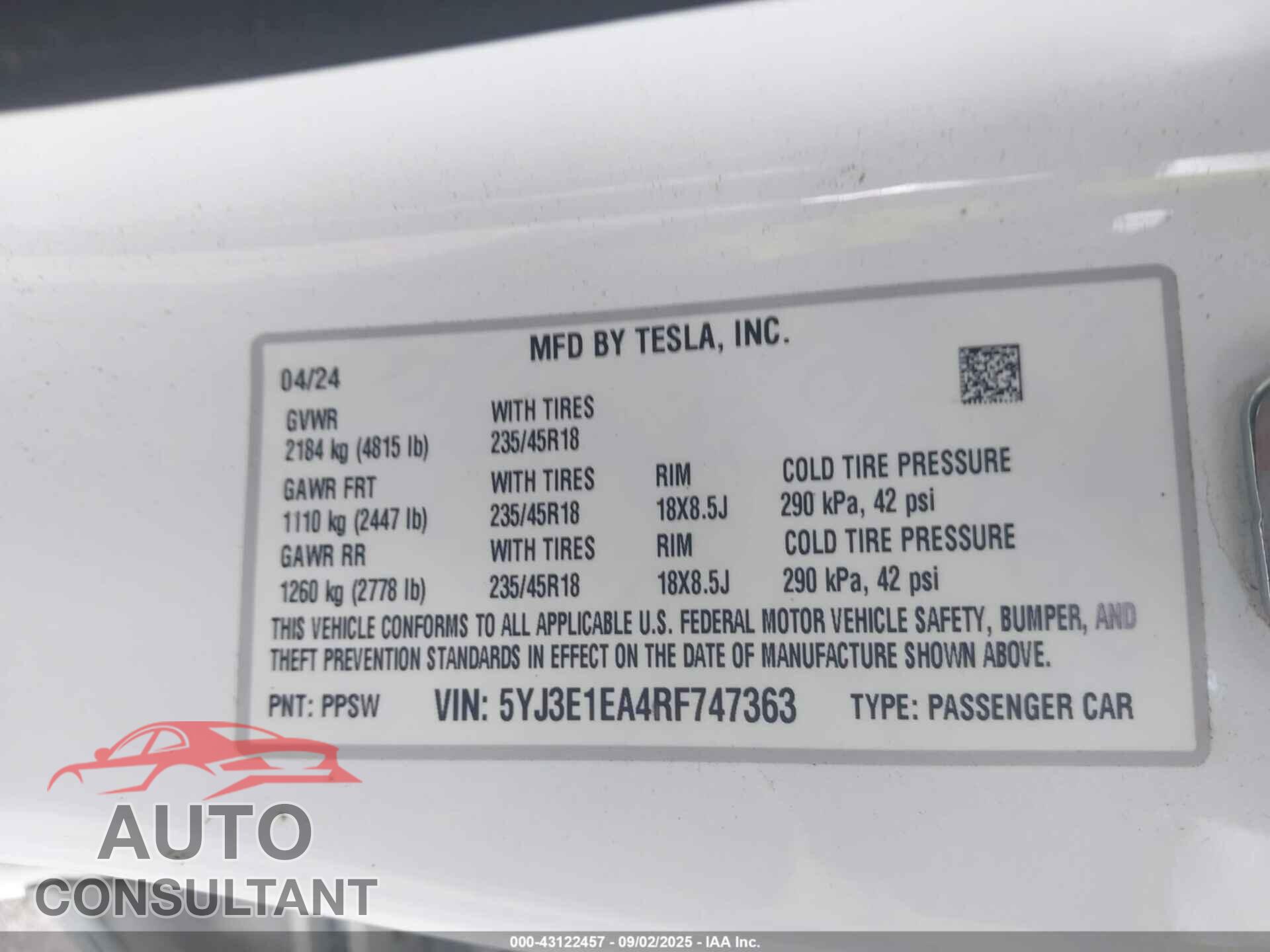 TESLA MODEL 3 2024 - 5YJ3E1EA4RF747363