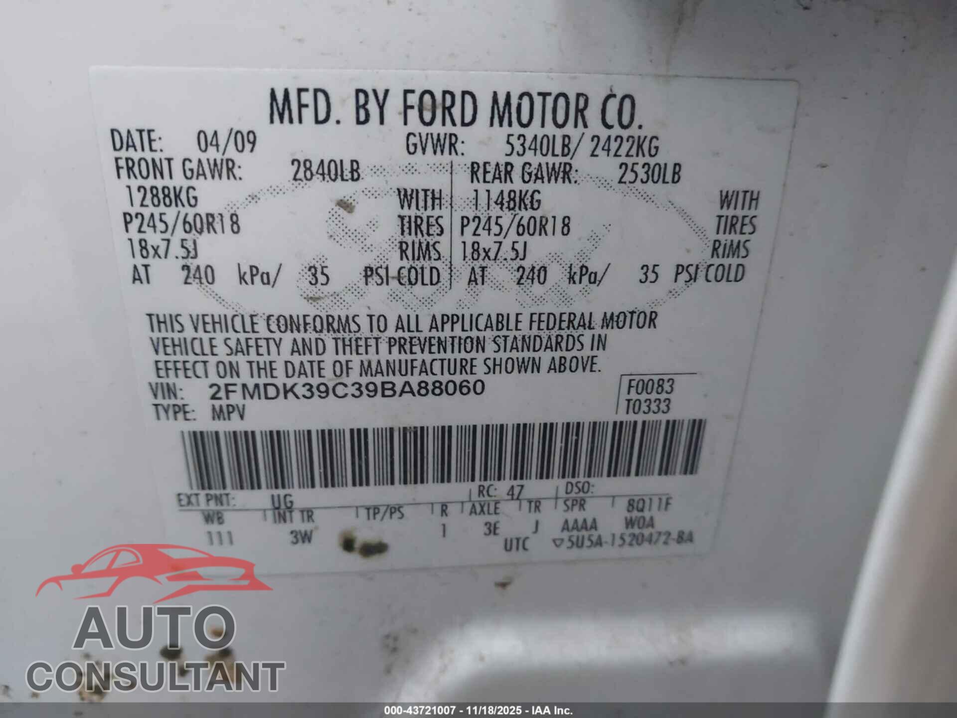 FORD EDGE 2009 - 2FMDK39C39BA88060