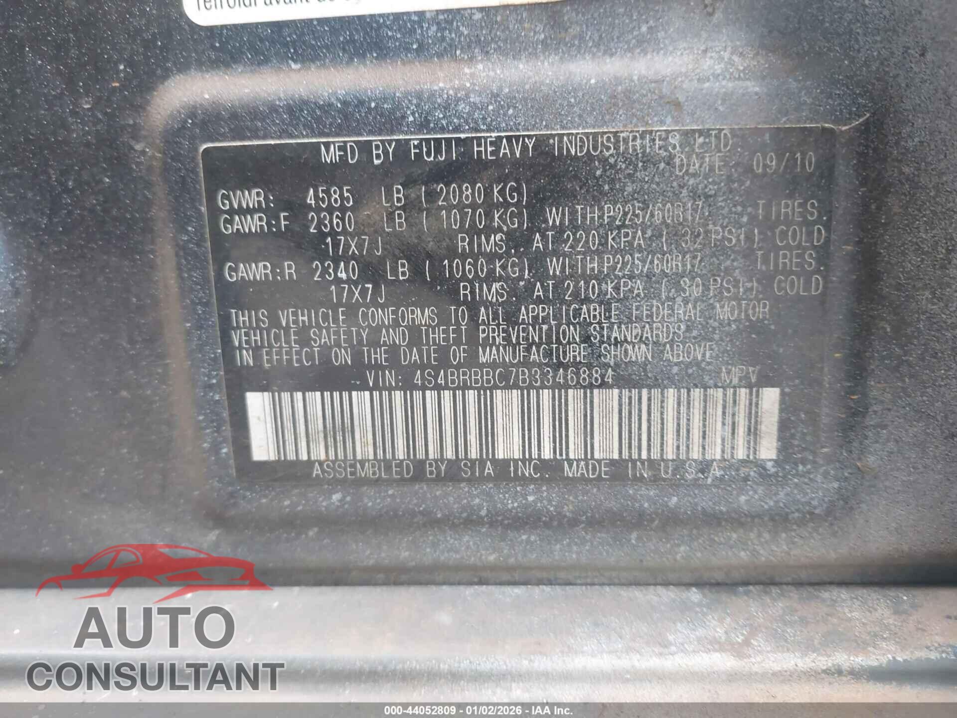 SUBARU OUTBACK 2011 - 4S4BRBBC7B3346884