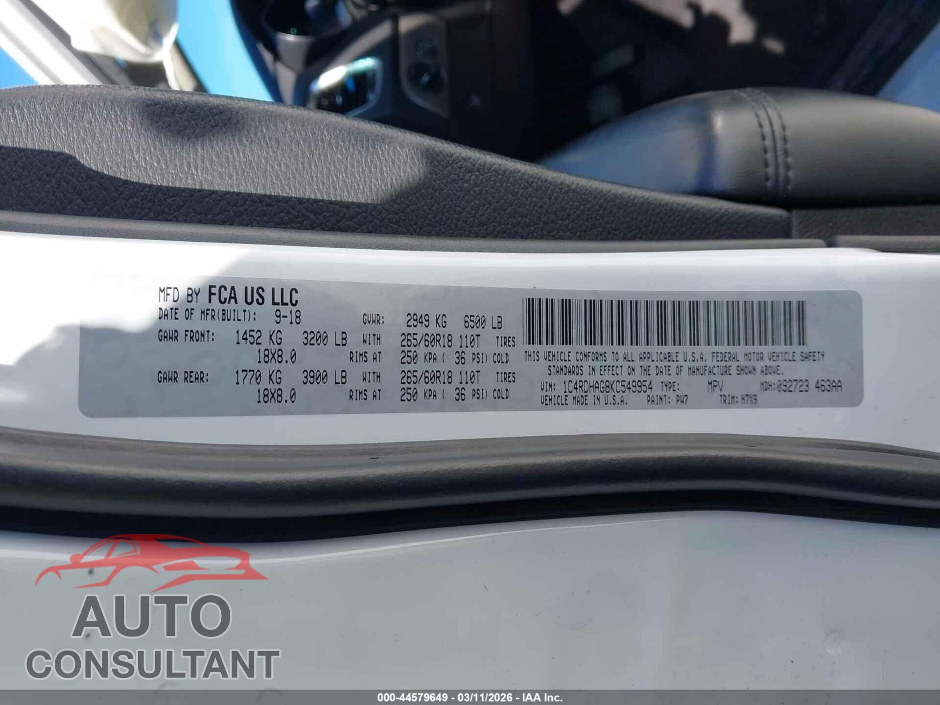 DODGE DURANGO 2019 - 1C4RDHAG8KC549954