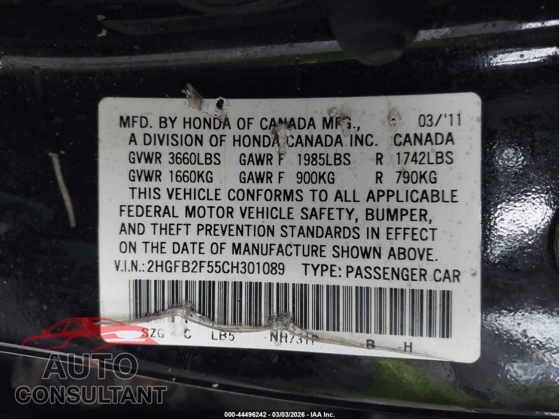 HONDA CIVIC 2012 - 2HGFB2F55CH301089