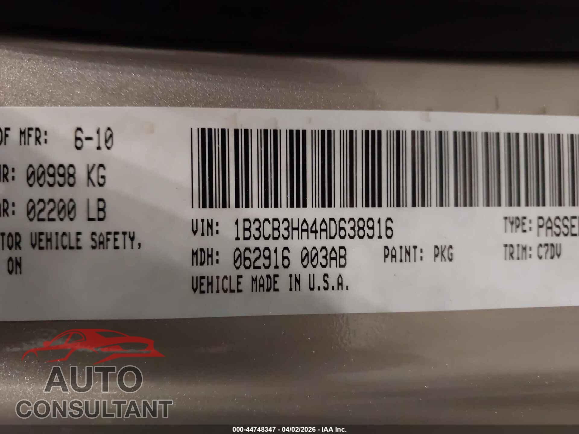 DODGE CALIBER 2010 - 1B3CB3HA4AD638916