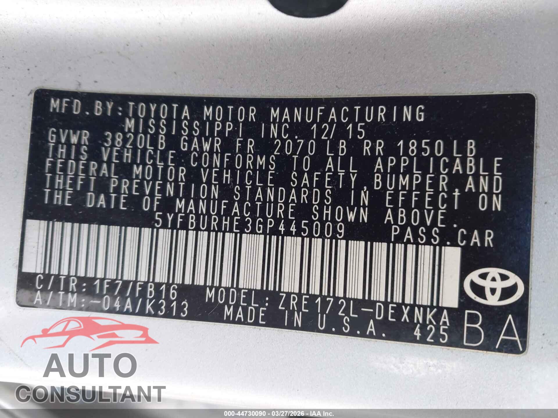 TOYOTA COROLLA 2016 - 5YFBURHE3GP445009