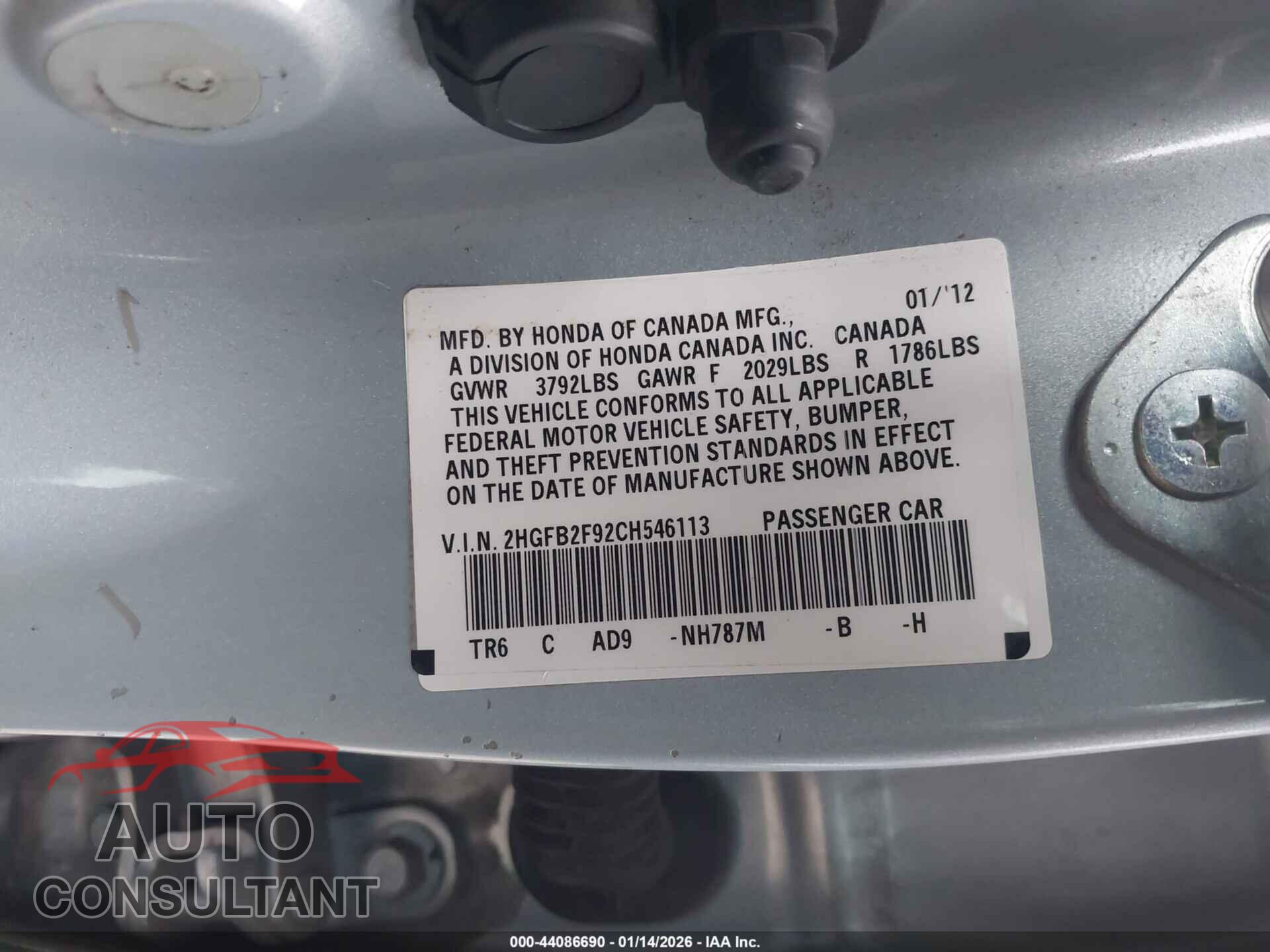 HONDA CIVIC 2012 - 2HGFB2F92CH546113