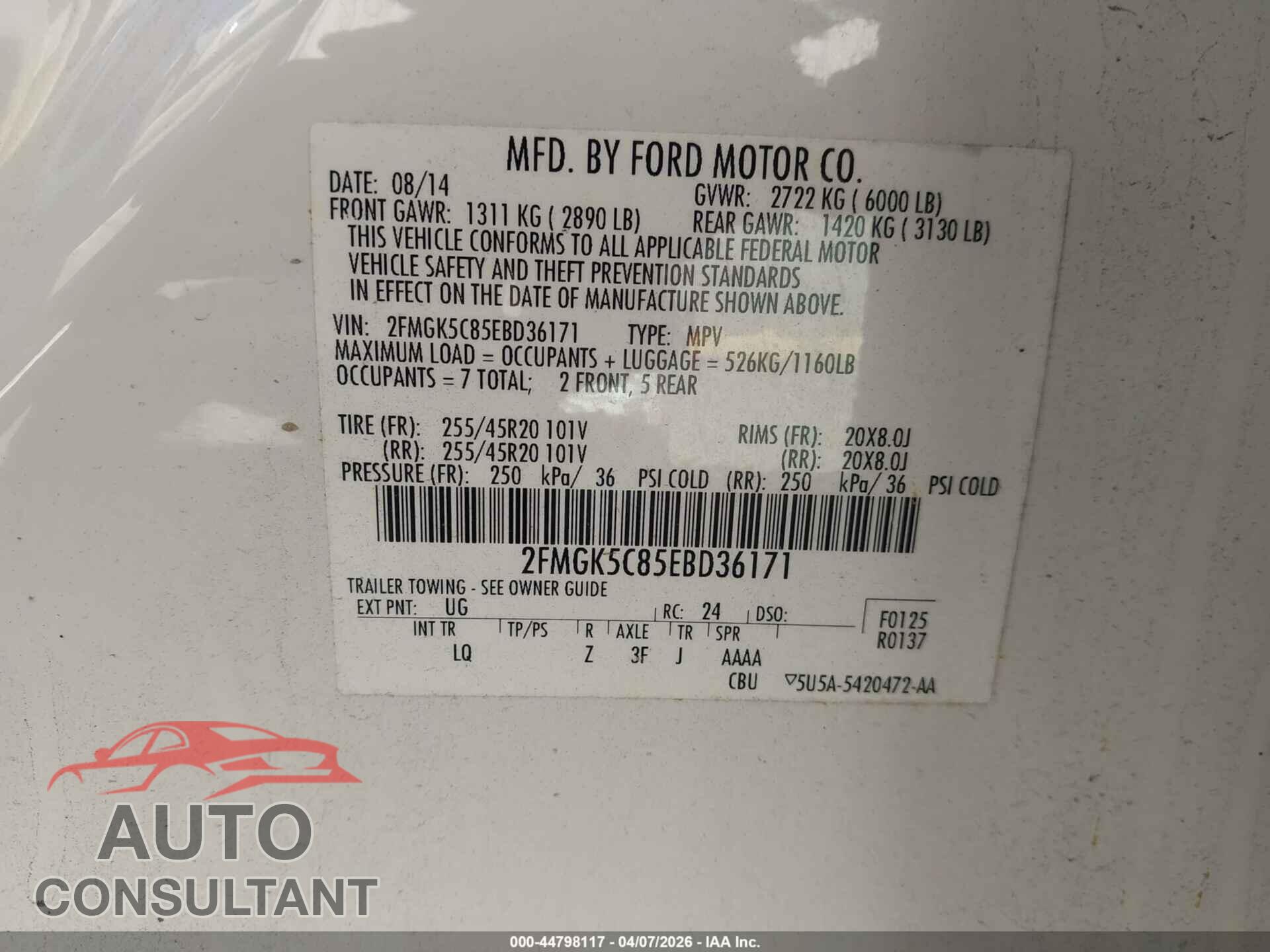 FORD FLEX 2014 - 2FMGK5C85EBD36171