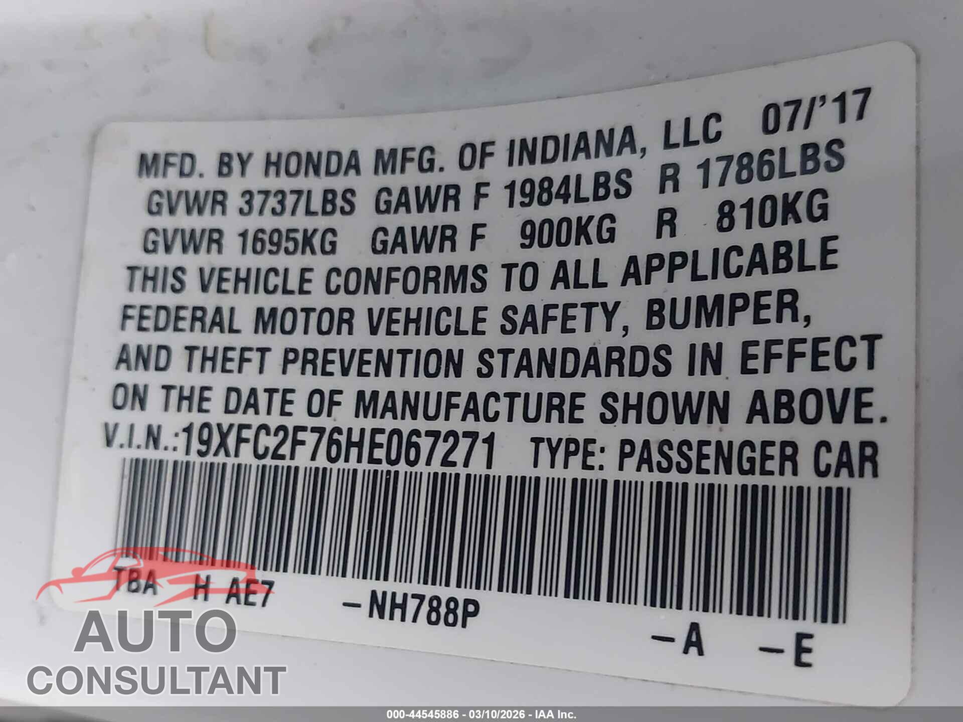 HONDA CIVIC 2017 - 19XFC2F76HE067271