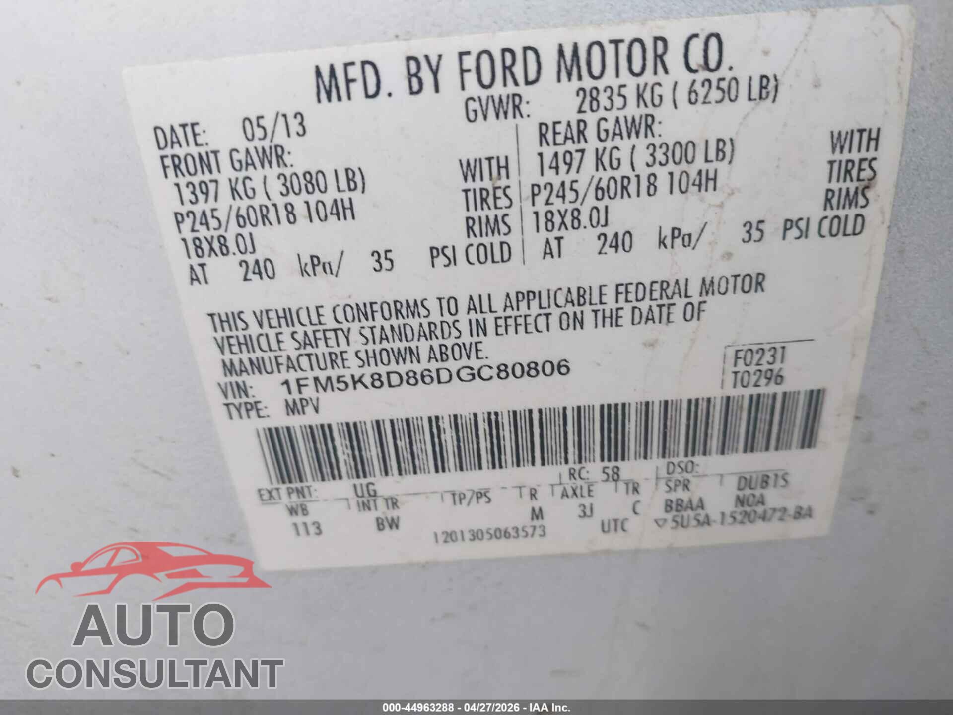 FORD EXPLORER 2013 - 1FM5K8D86DGC80806