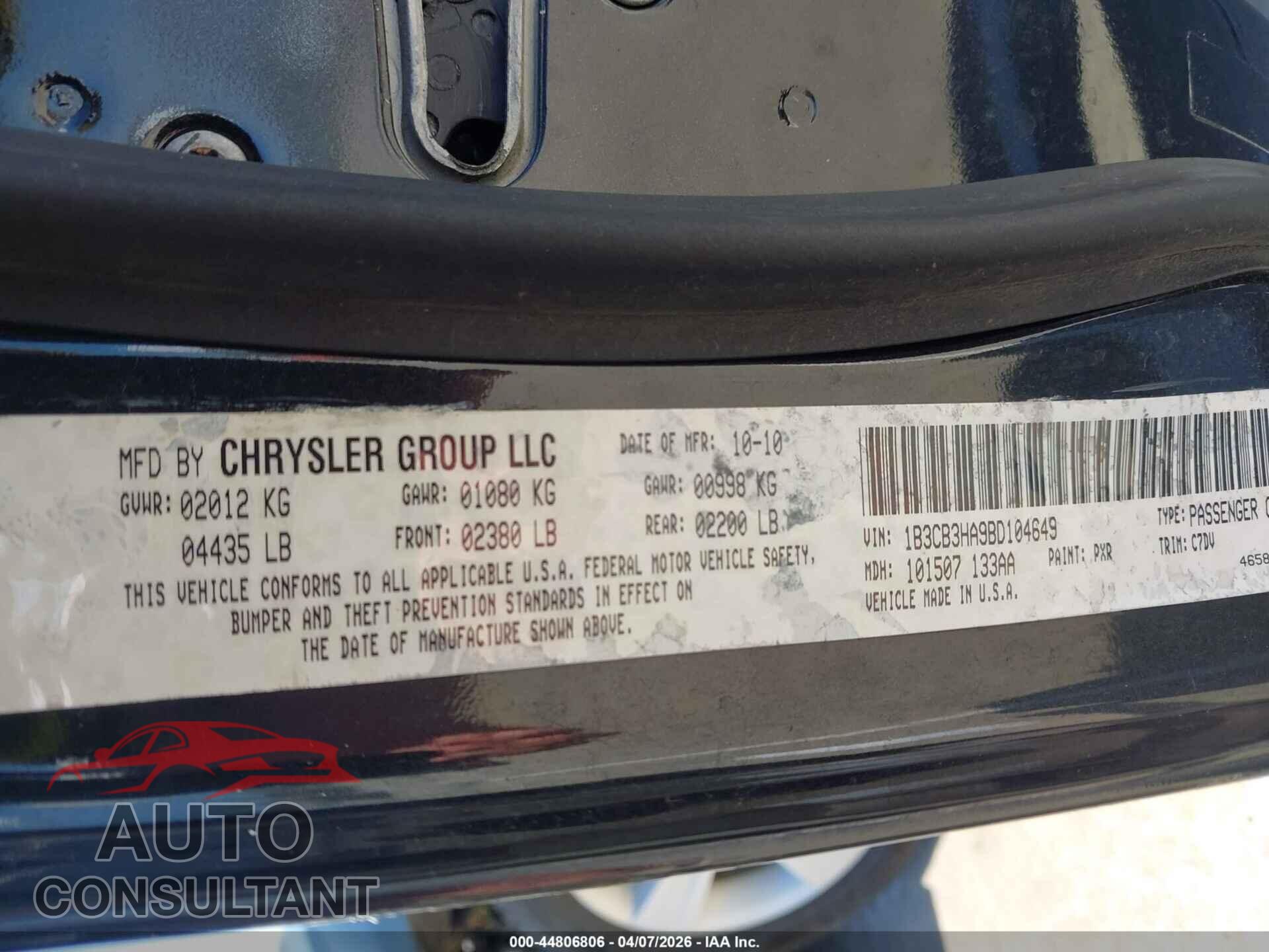 DODGE CALIBER 2011 - 1B3CB3HA9BD104649