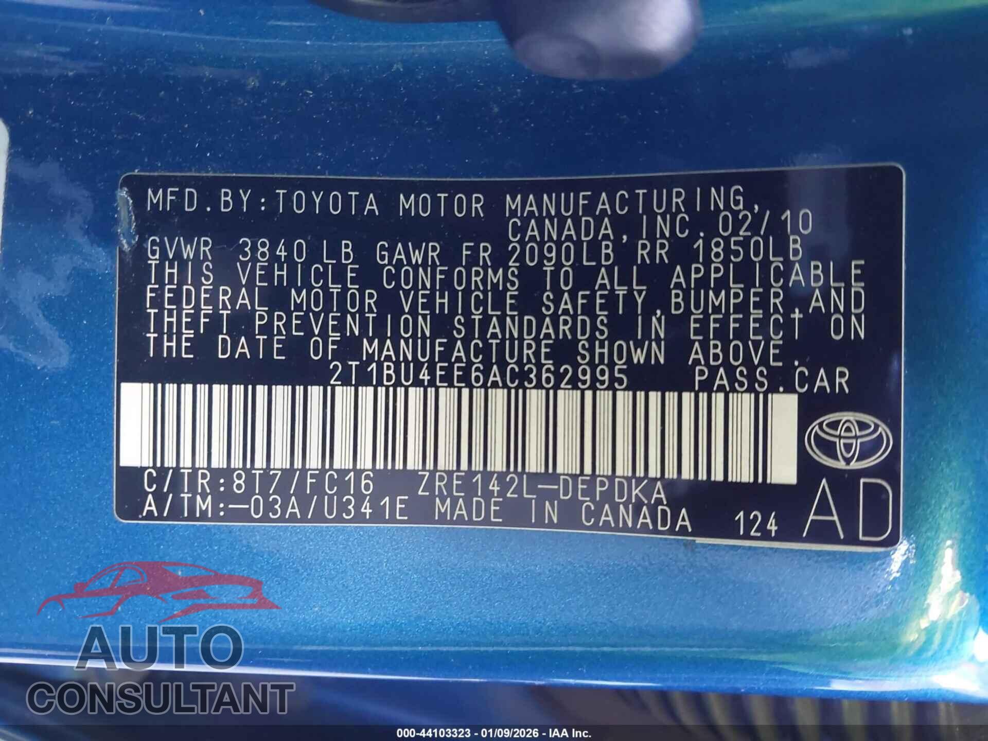 TOYOTA COROLLA 2010 - 2T1BU4EE6AC362995