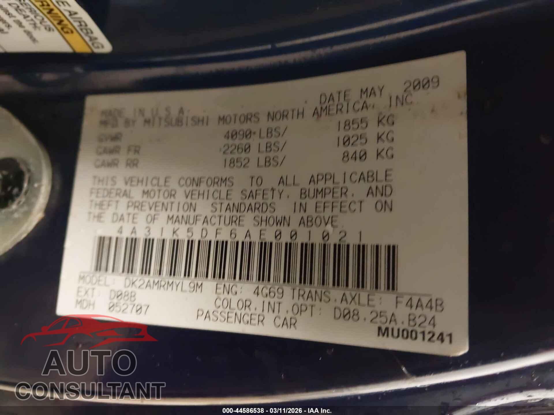 MITSUBISHI ECLIPSE 2010 - 4A31K5DF6AE001021