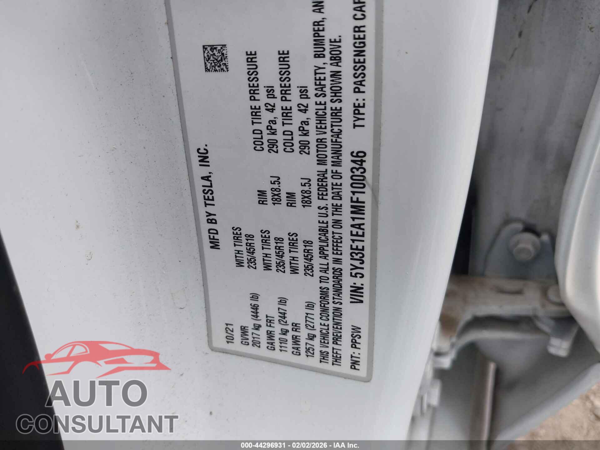TESLA MODEL 3 2021 - 5YJ3E1EA1MF100346