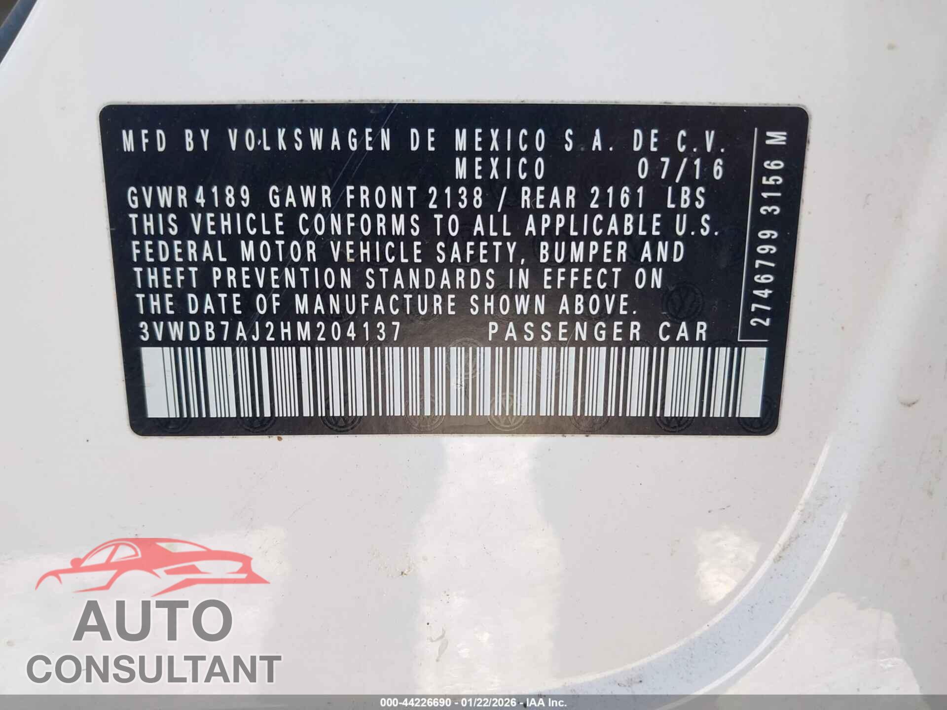 VOLKSWAGEN JETTA 2017 - 3VWDB7AJ2HM204137