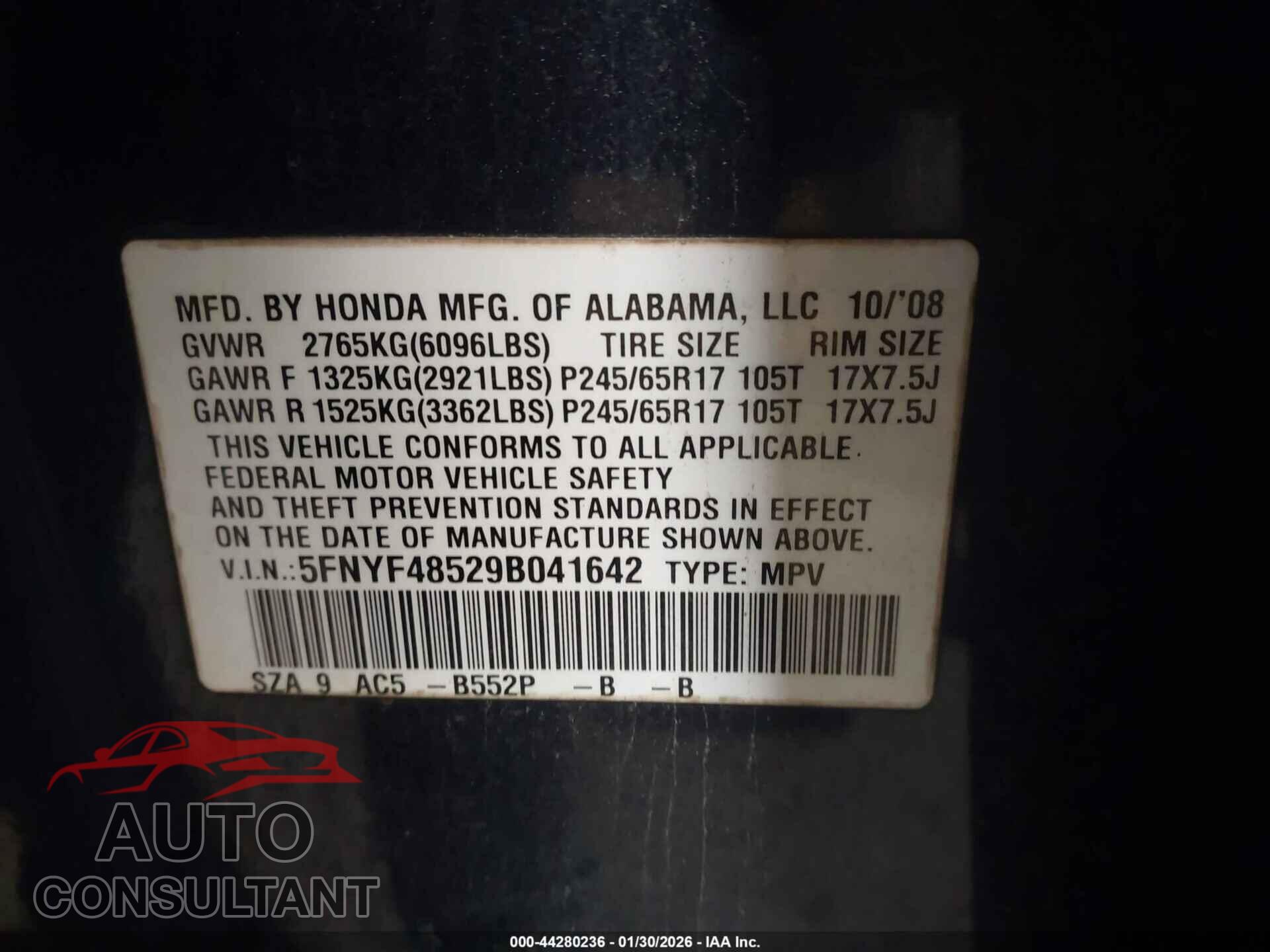 HONDA PILOT 2009 - 5FNYF48529B041642