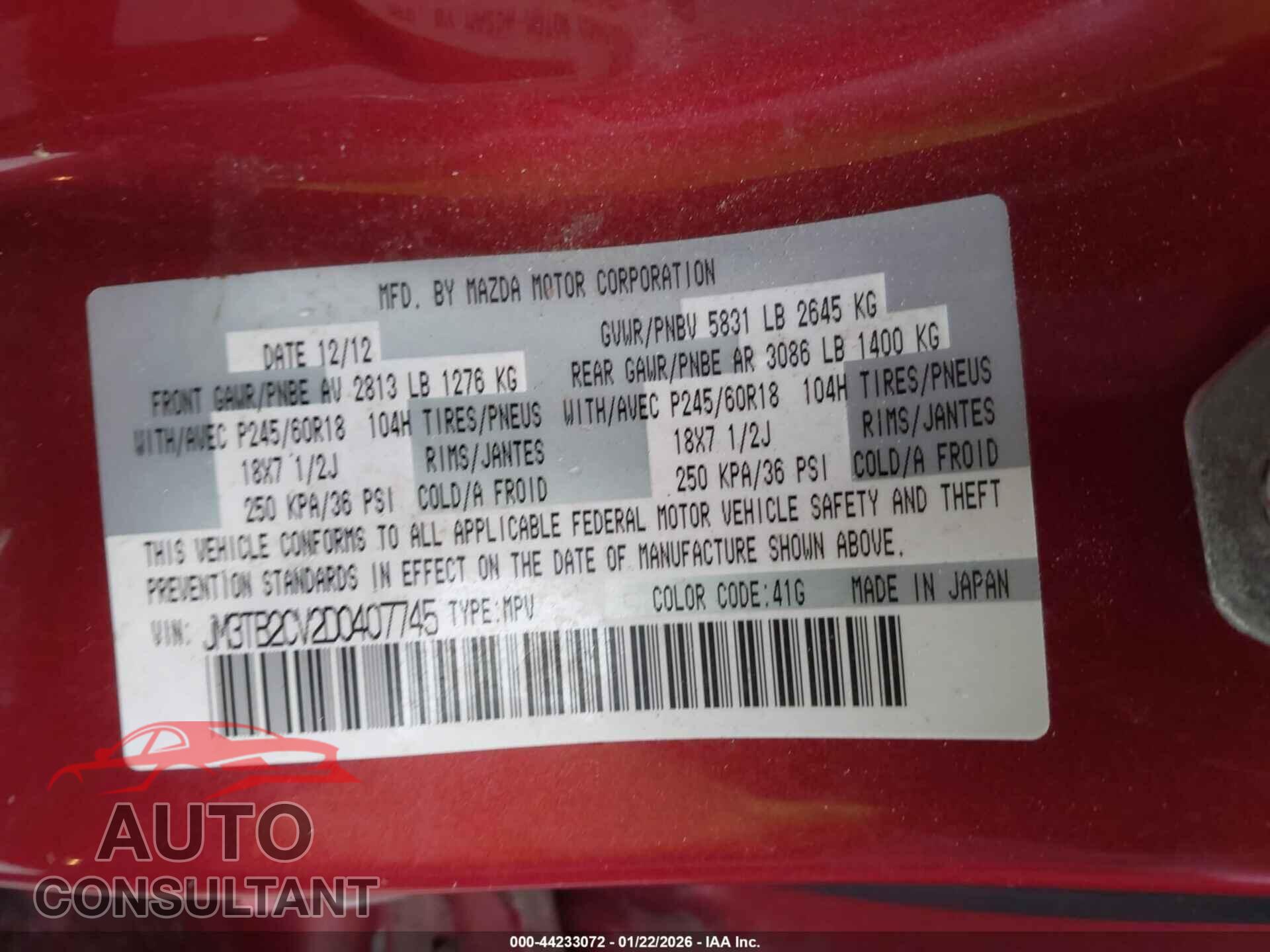 MAZDA CX-9 2013 - JM3TB2CV2D0407745