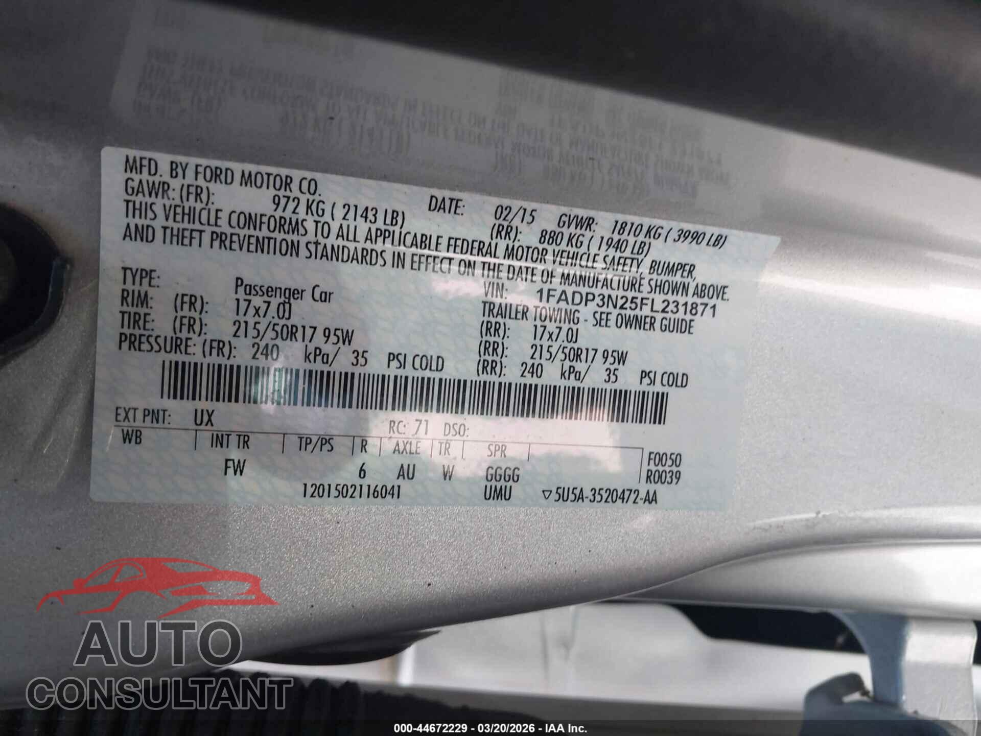 FORD FOCUS 2015 - 1FADP3N25FL231871