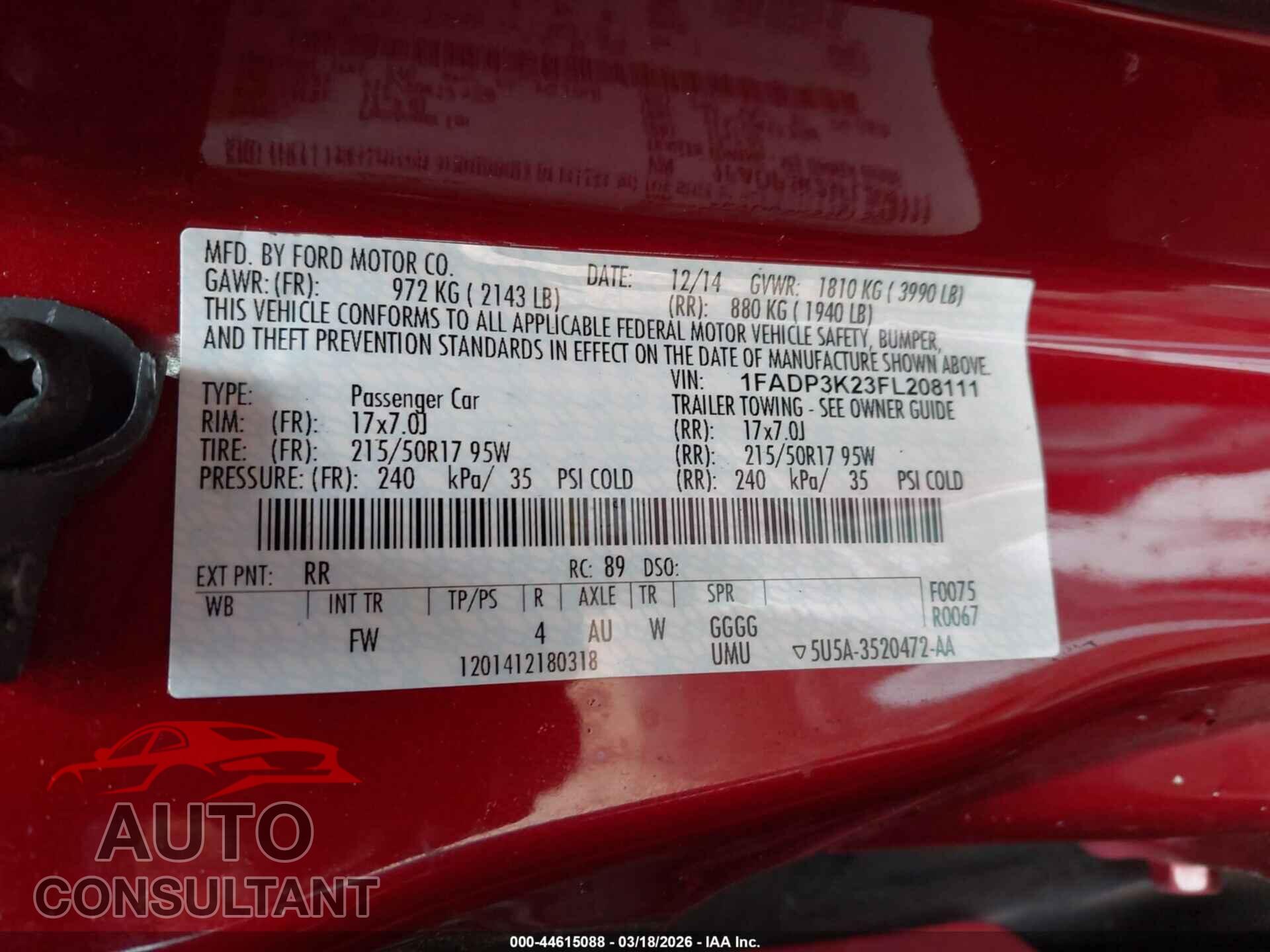 FORD FOCUS 2015 - 1FADP3K23FL208111