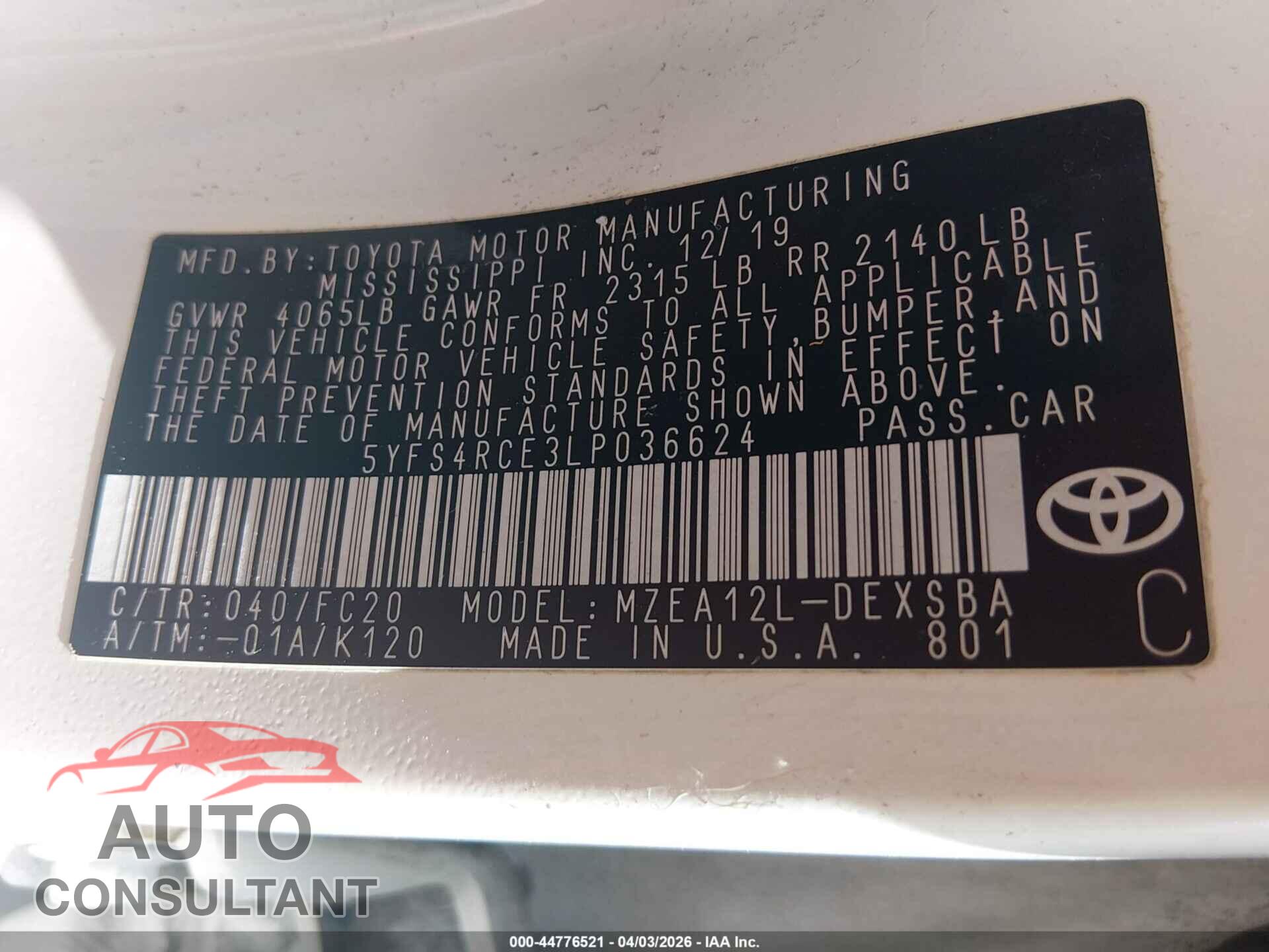 TOYOTA COROLLA 2020 - 5YFS4RCE3LP036624