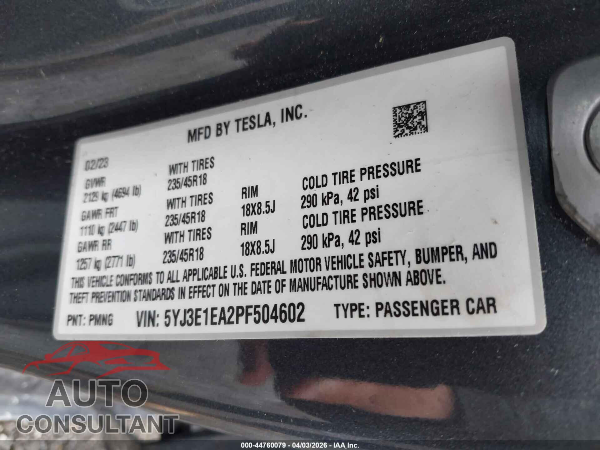 TESLA MODEL 3 2023 - 5YJ3E1EA2PF504602