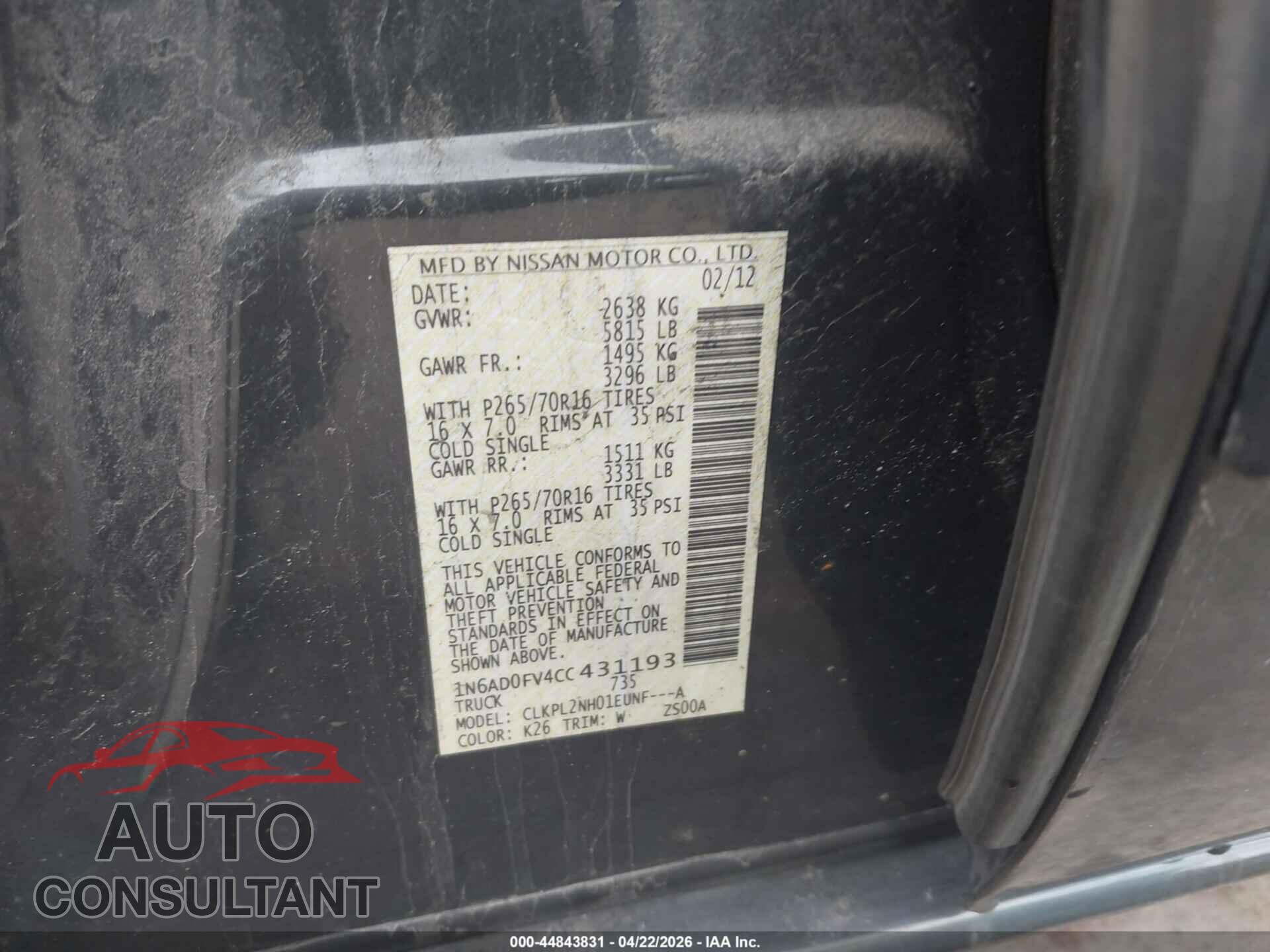 NISSAN FRONTIER 2012 - 1N6AD0FV4CC431193