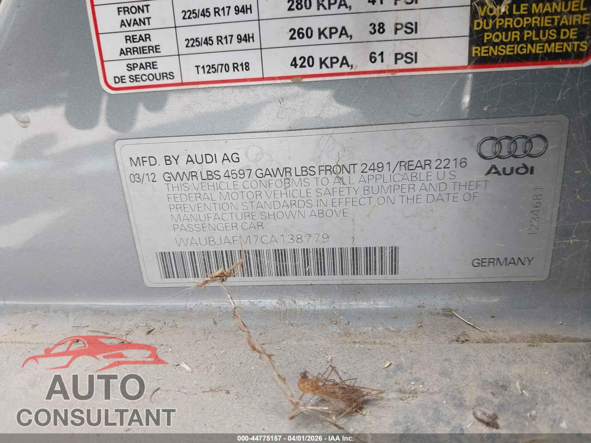AUDI A3 2012 - WAUBJAFM7CA138779