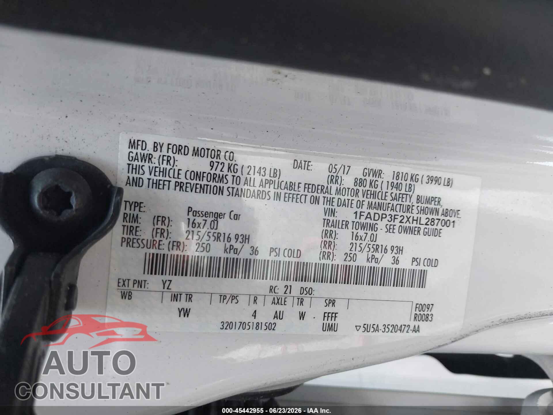 FORD FOCUS 2017 - 1FADP3F2XHL287001