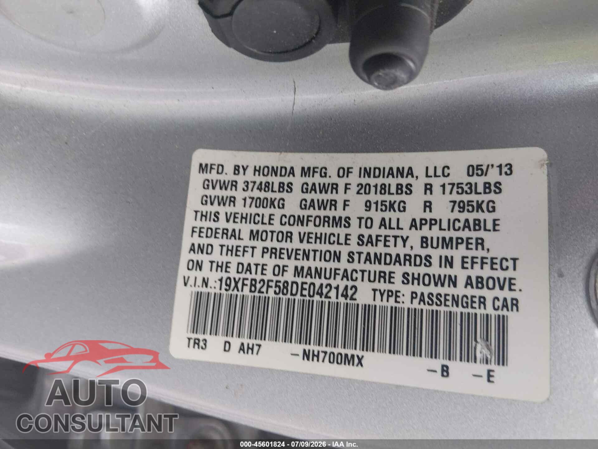 HONDA CIVIC 2013 - 19XFB2F58DE042142