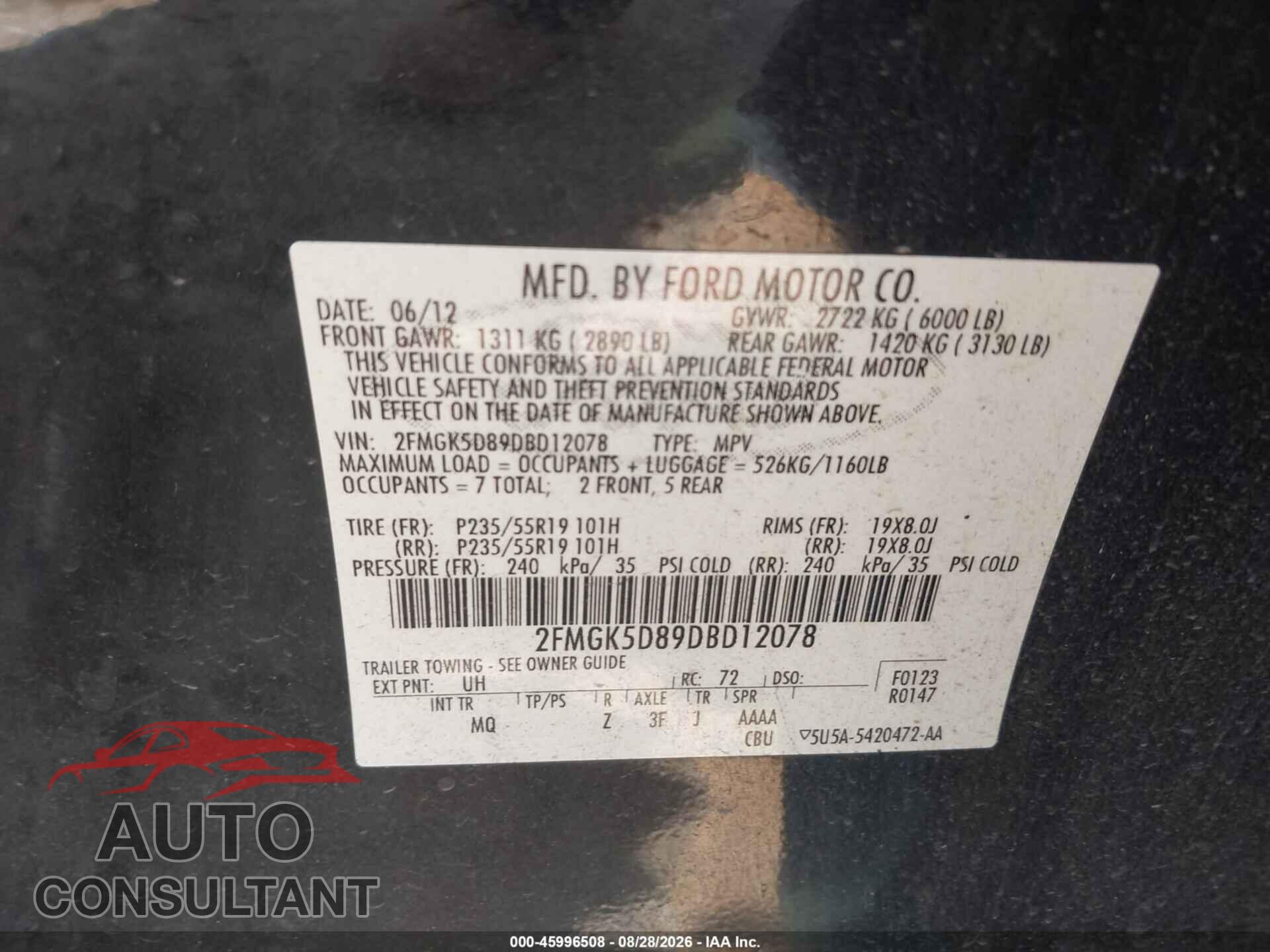 FORD FLEX 2013 - 2FMGK5D89DBD12078