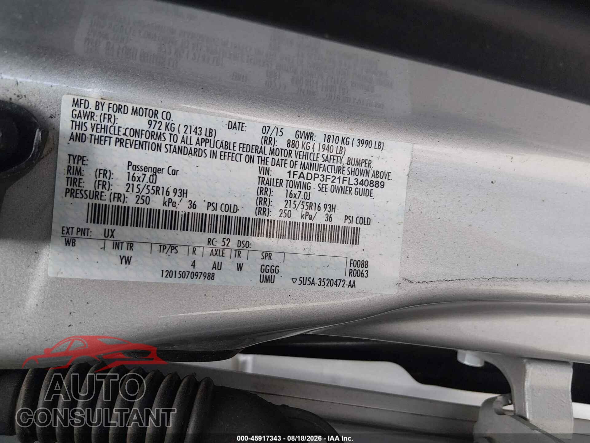 FORD FOCUS 2015 - 1FADP3F21FL340889