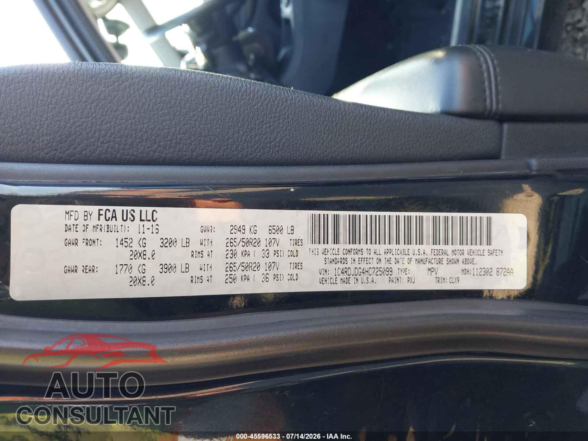 DODGE DURANGO 2017 - 1C4RDJDG4HC725099