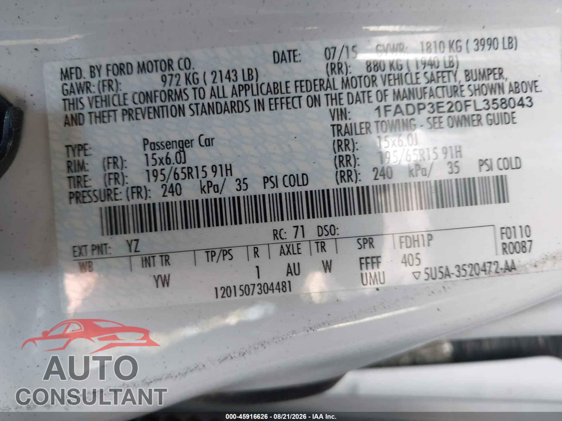 FORD FOCUS 2015 - 1FADP3E20FL358043
