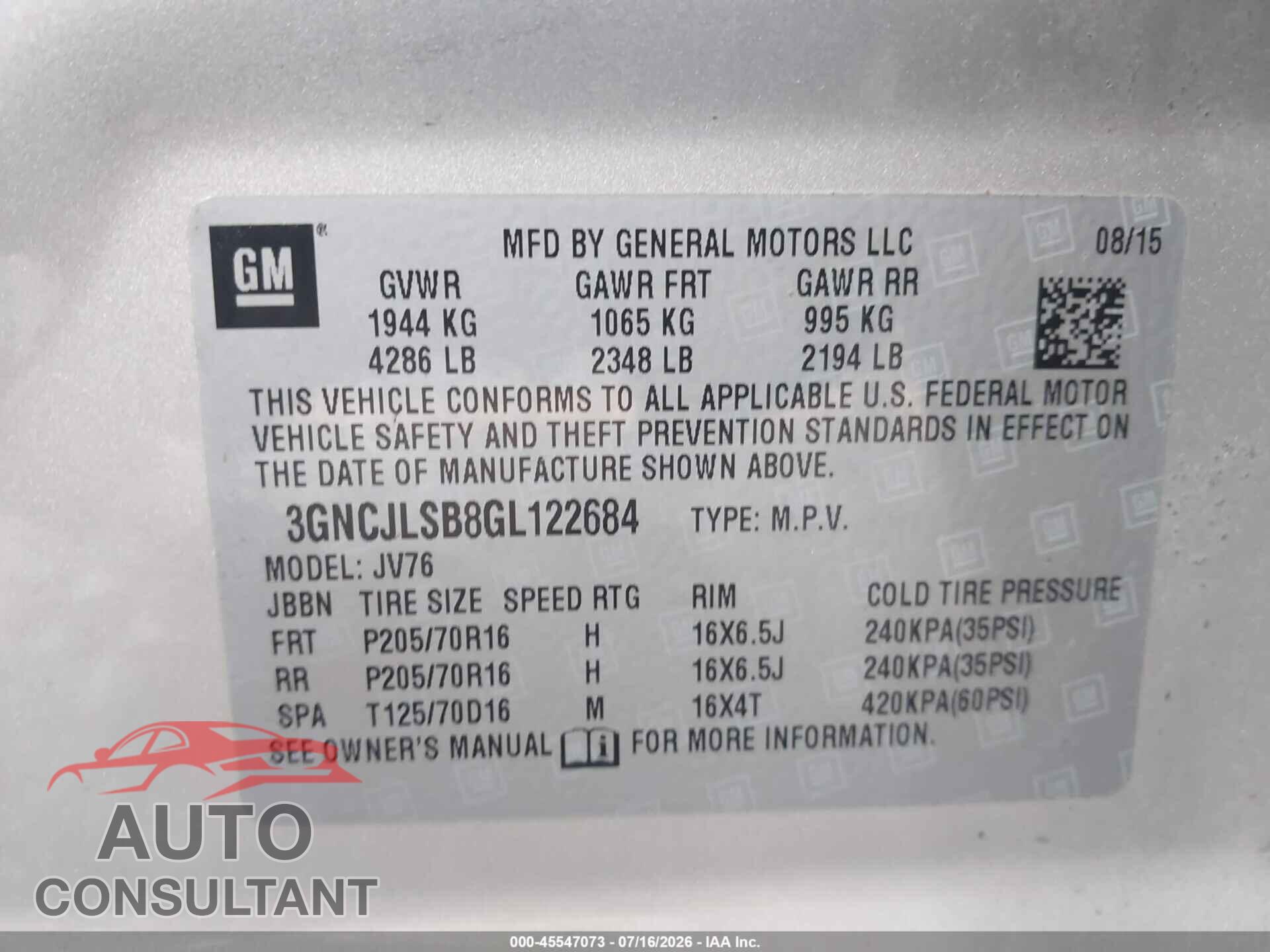 CHEVROLET TRAX 2016 - 3GNCJLSB8GL122684