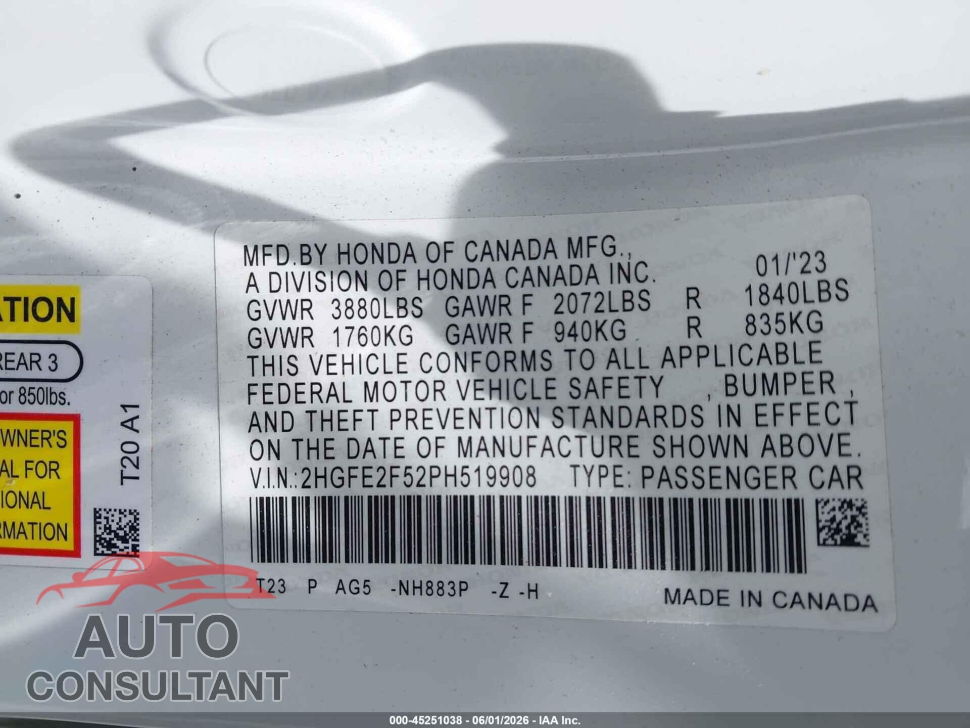 HONDA CIVIC 2023 - 2HGFE2F52PH519908