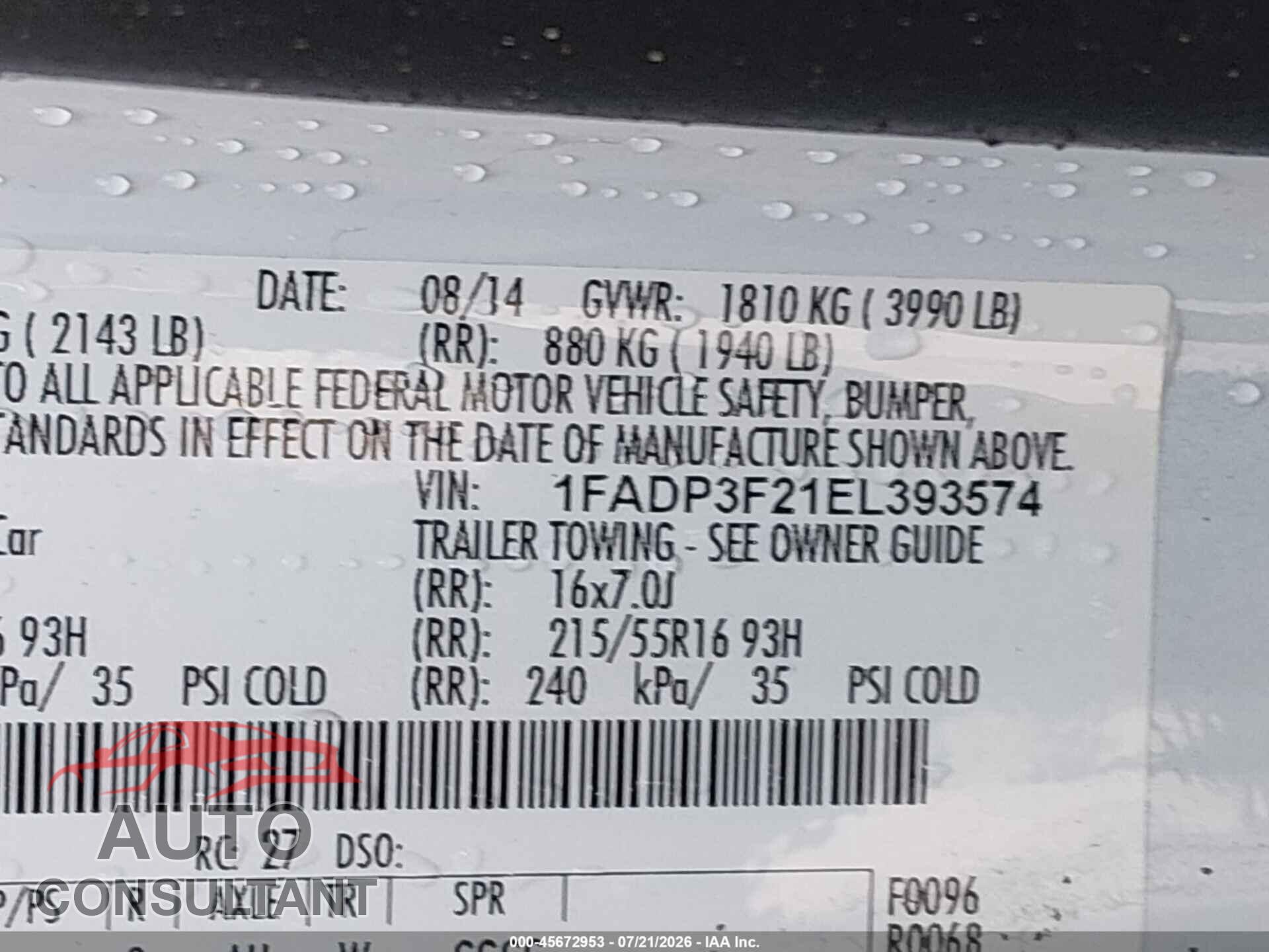 FORD FOCUS 2014 - 1FADP3F21EL393574