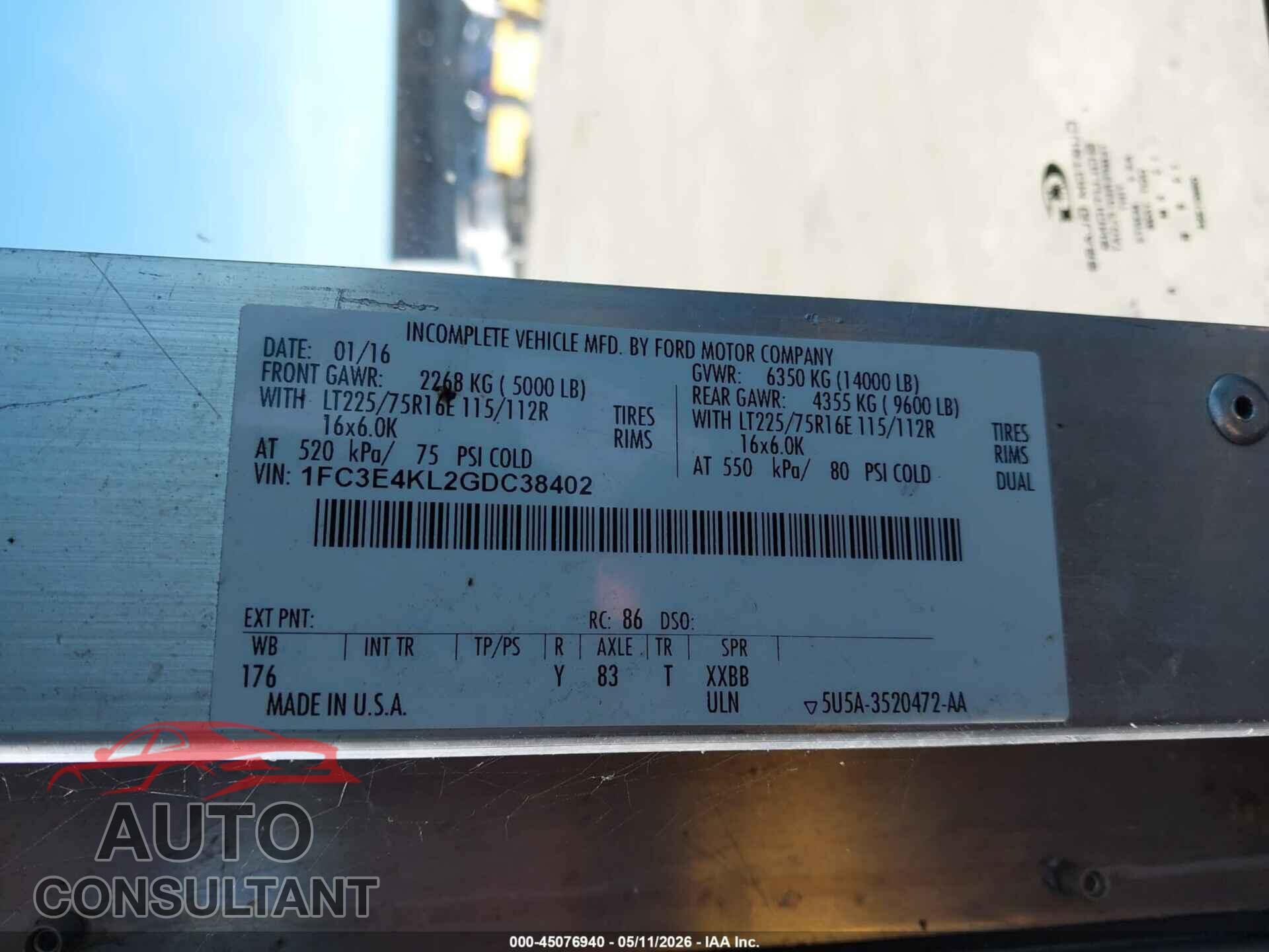 FORD E-450 STRIPPED 2016 - 1FC3E4KL2GDC38402