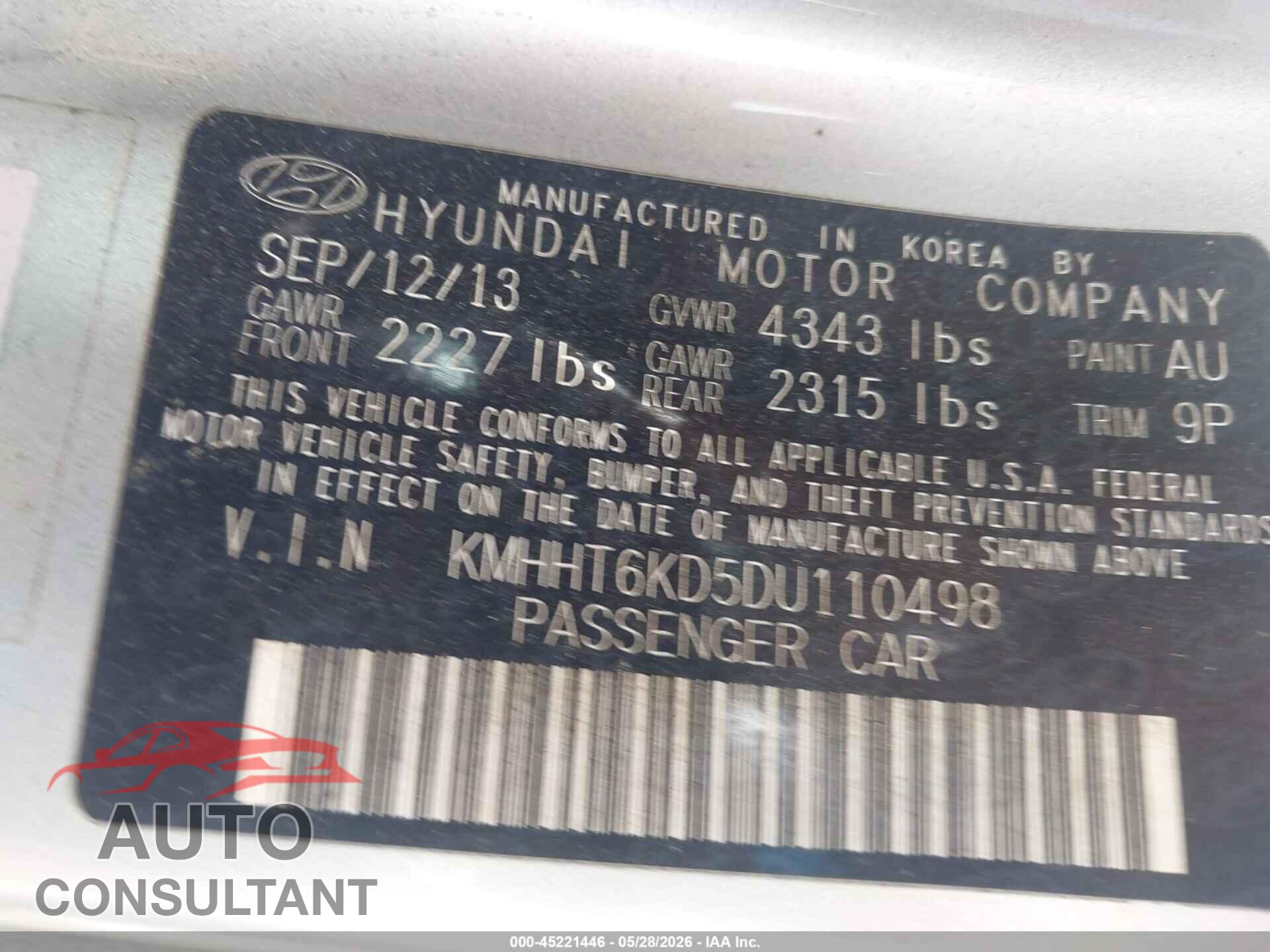HYUNDAI GENESIS 2013 - KMHHT6KD5DU110498