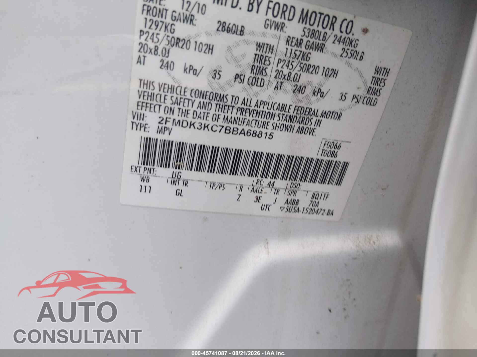 FORD EDGE 2011 - 2FMDK3KC7BBA68815