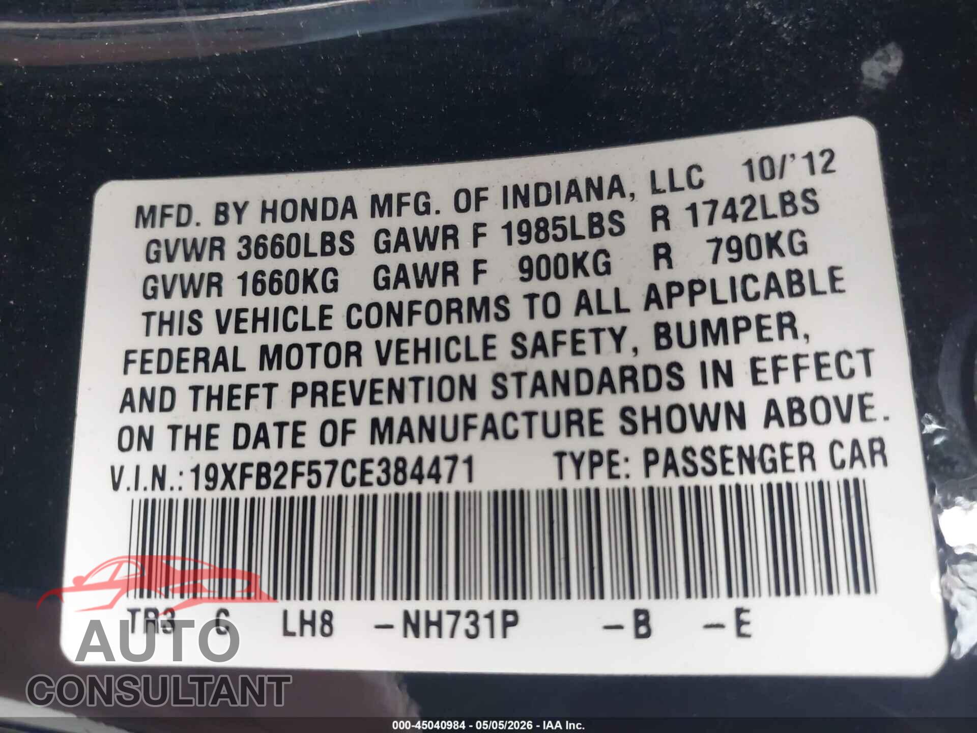 HONDA CIVIC 2012 - 19XFB2F57CE384471