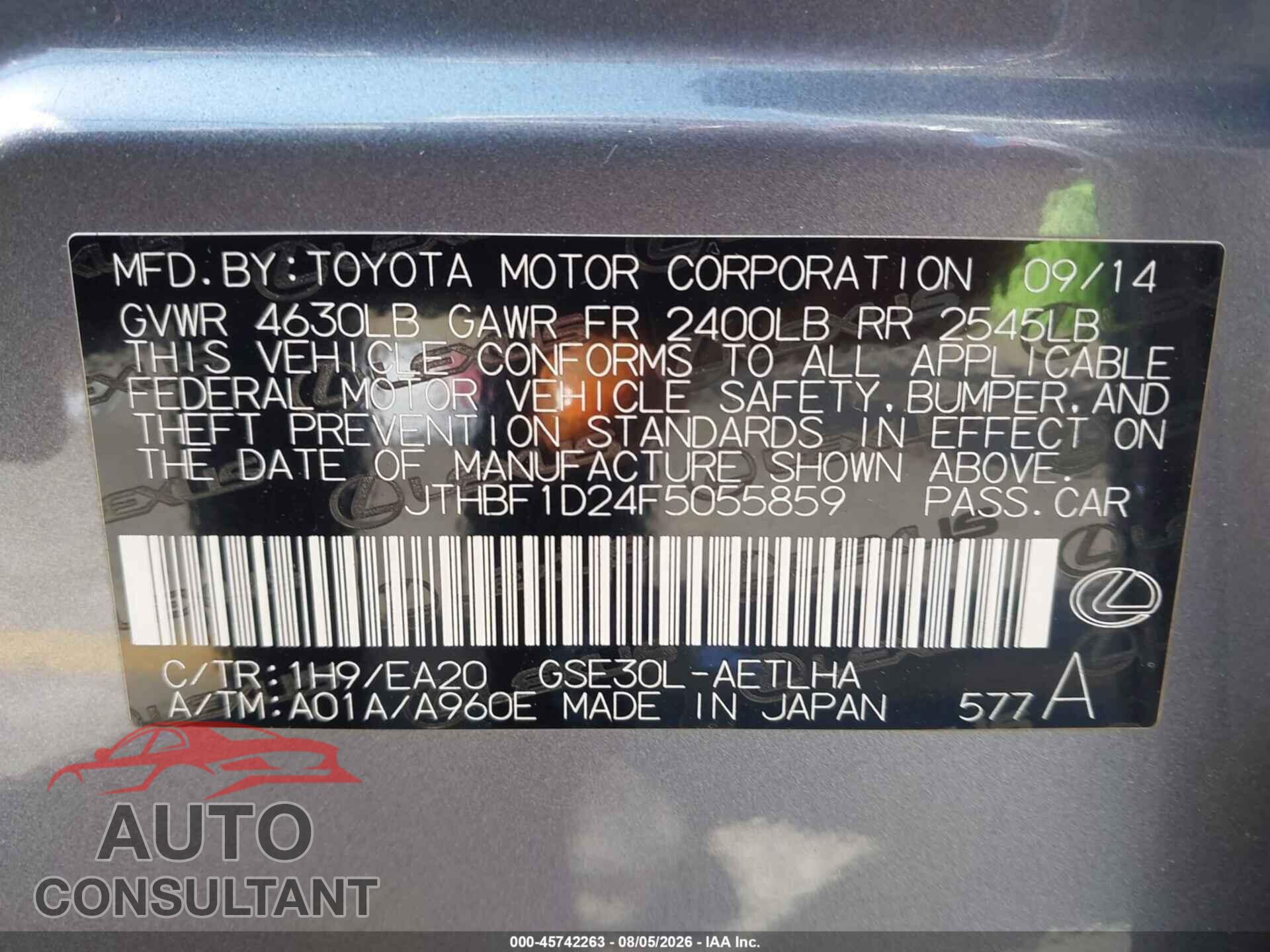 LEXUS IS 250 2015 - JTHBF1D24F5055859