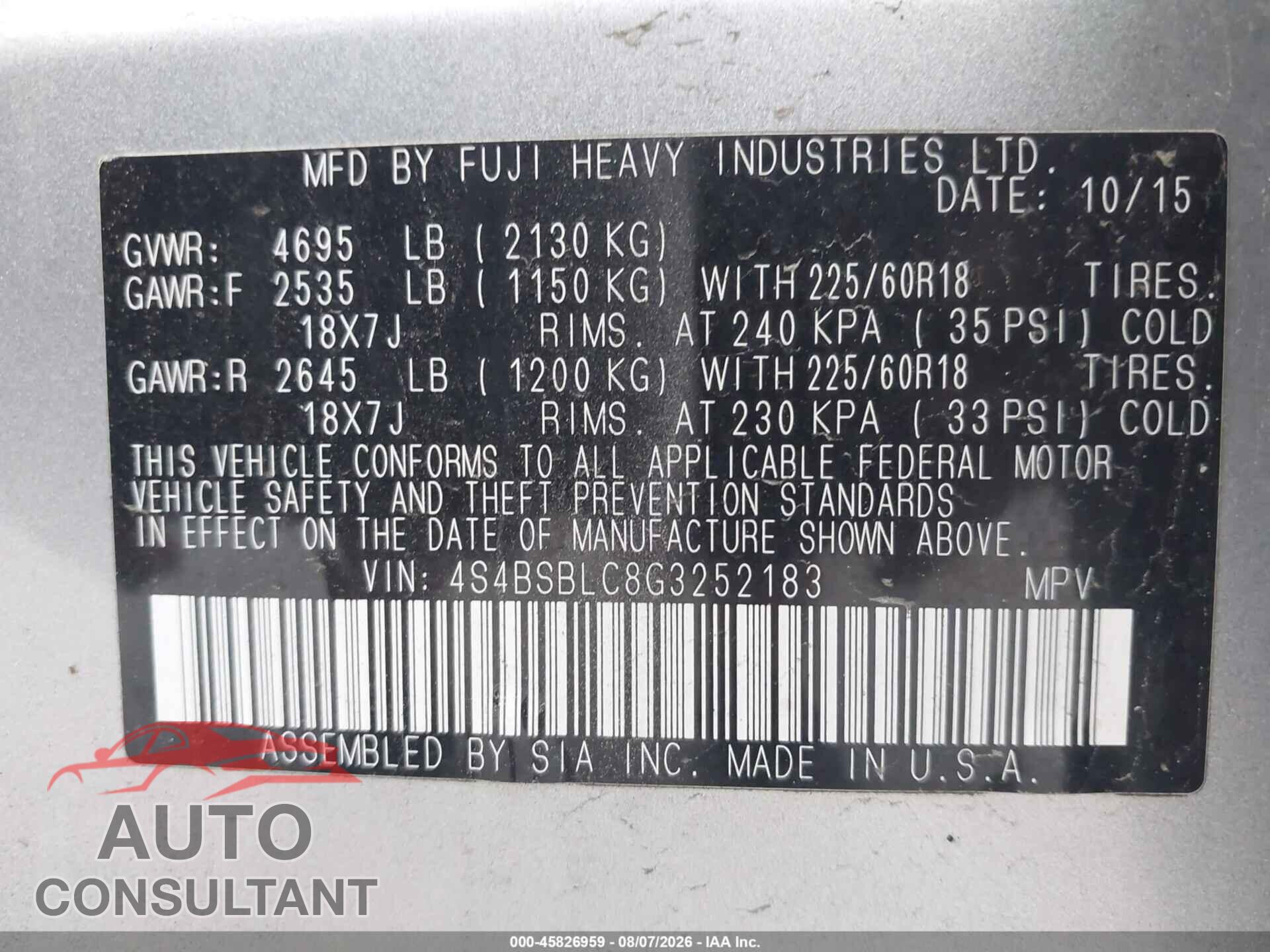SUBARU OUTBACK 2016 - 4S4BSBLC8G3252183