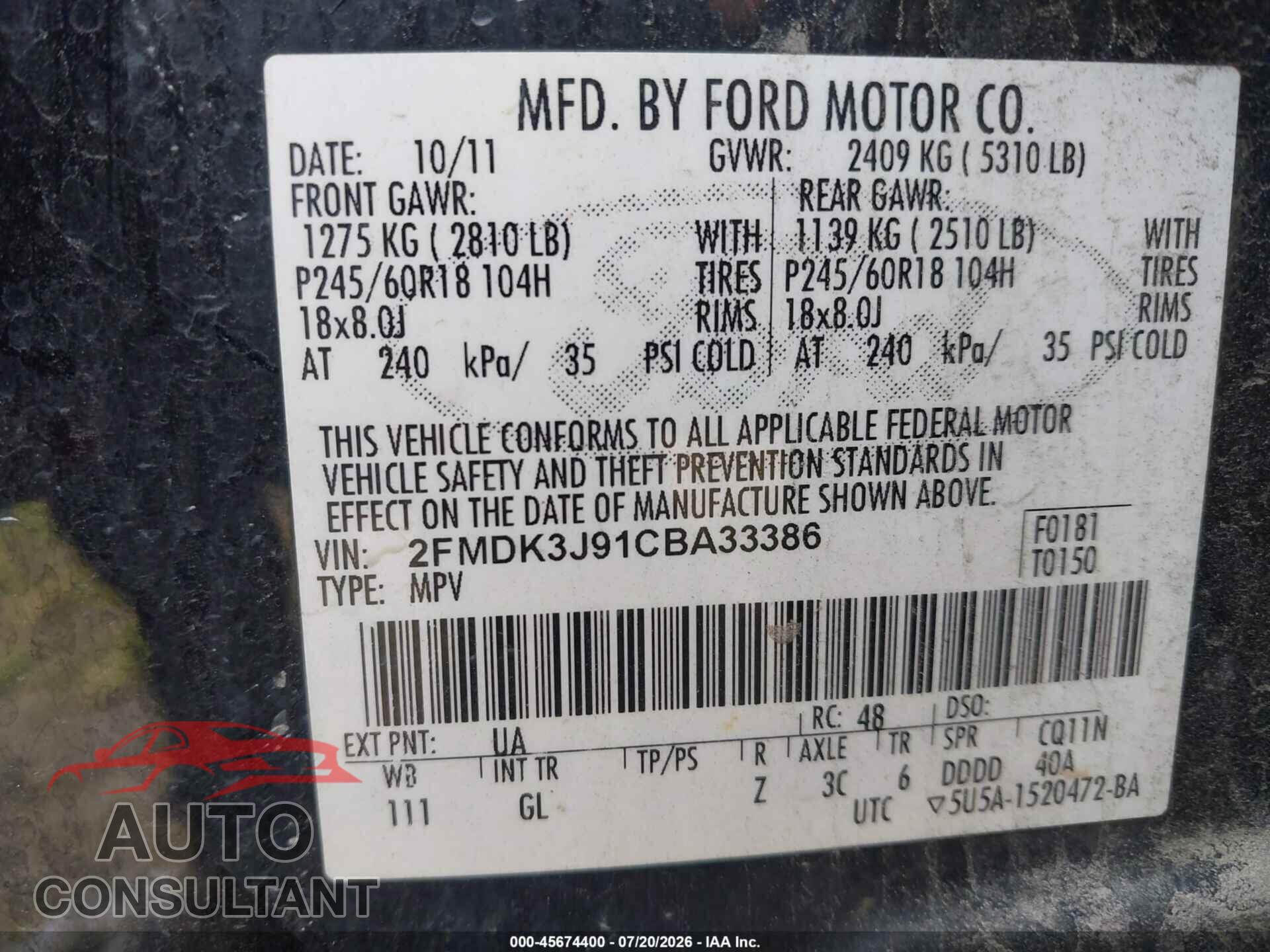 FORD EDGE 2012 - 2FMDK3J91CBA33386