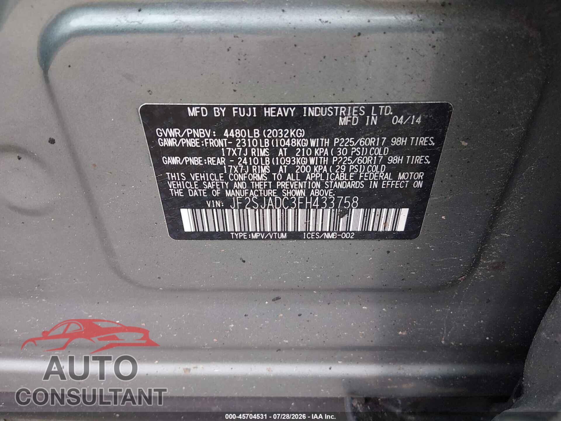 SUBARU FORESTER 2015 - JF2SJADC3FH433758